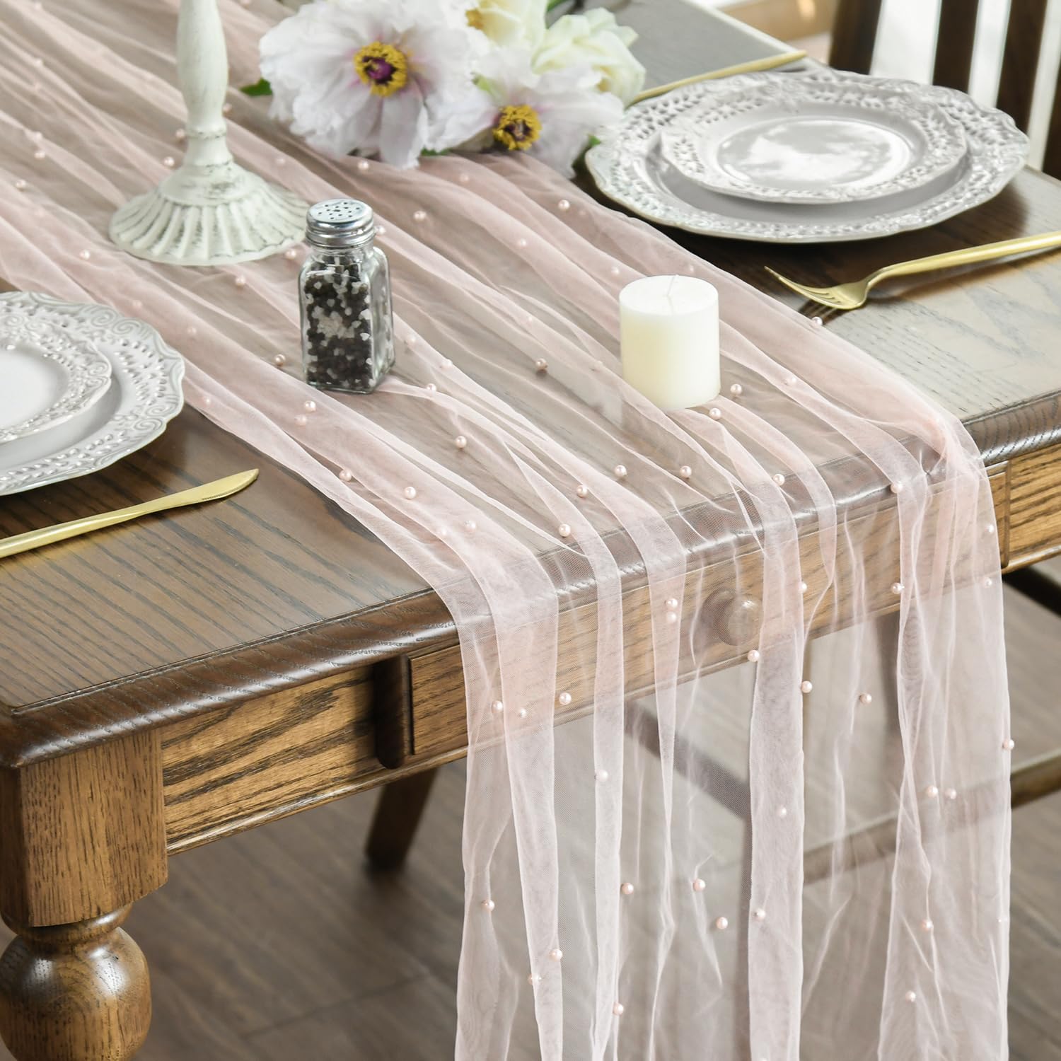 Photo 1 of **DIFFERENT COLOR(WHITE)**
Artoid Mode 3PCS Pearl Pink Gauze Table Runner 120 Inch 10FT, Seasonal Sheer Dining Holiday Wedding Birthday Baby Shower Table Decor for Home Party