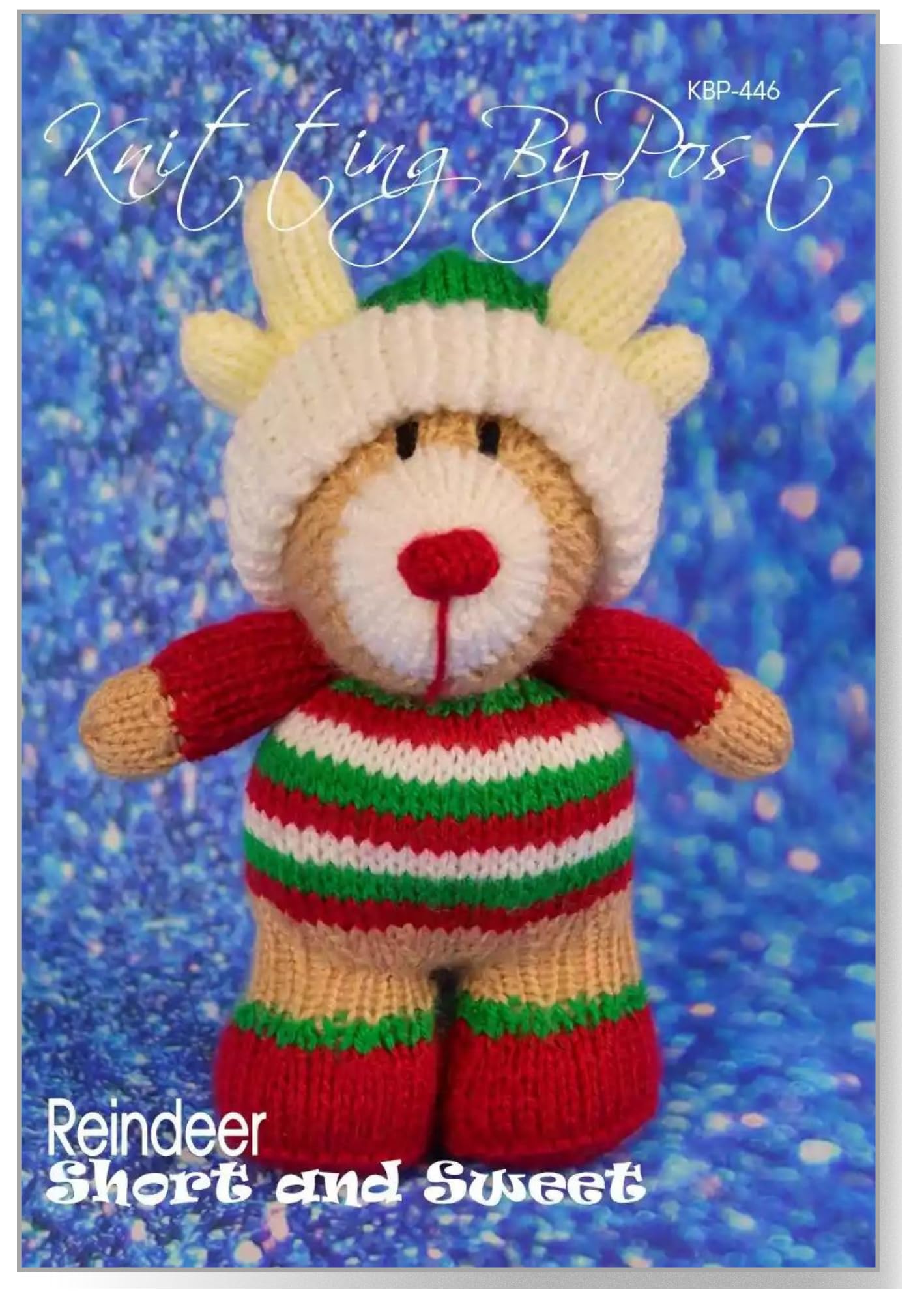 Knitting By Post Red, Green, White, Brown Knitting Pattern - Short And Sweet Reindeer, A5 Leaflet, Easy To Follow, Ideal For Beginners To Intermediate Knitters, Compact Design, 20Cm Tall Finished Product