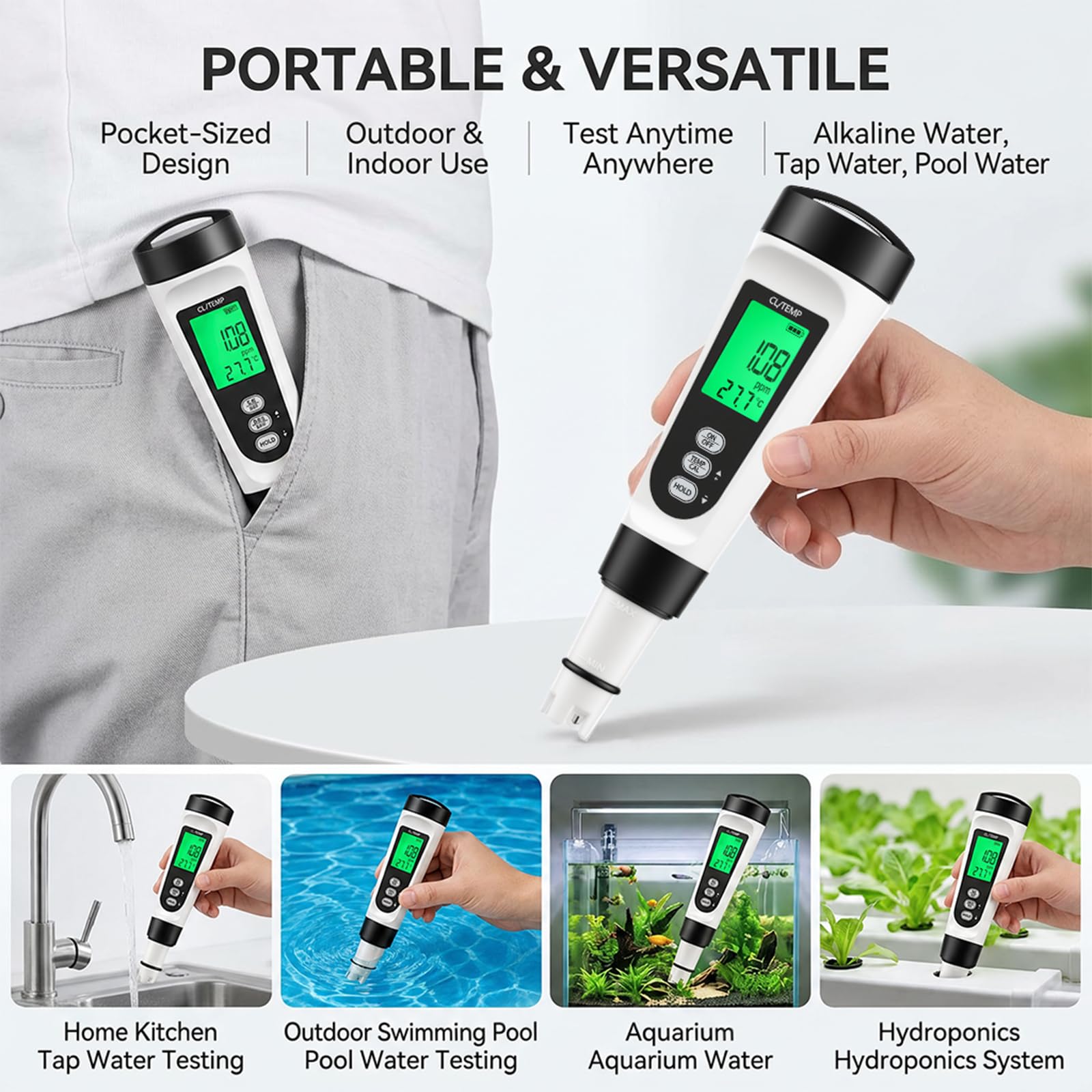 Cyfrowy miernik chloru, resztkowy tester chloru 0-4,00 ppm z wyświetlaczem temperatury, wyświetlacz LCD z podświetleniem, przenośny tester jakości wody do basenu, wody pitnej, akwarium, akwakultury