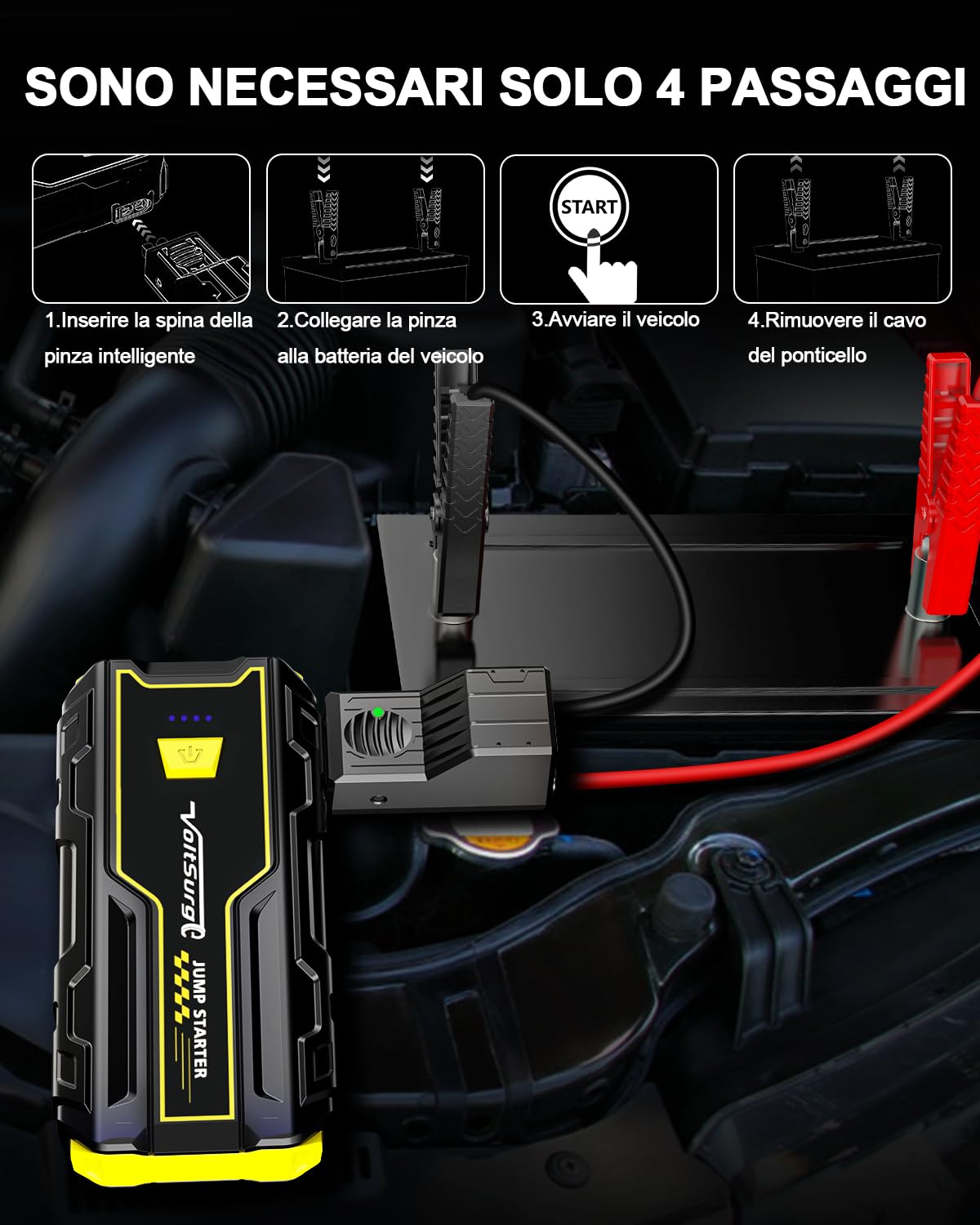 Avviatore Batteria Auto, 4000A Avviatore di Emergenza per Moto (per Motori Fino a 7.5L Benzina/5.0L Diesel) 12V Booster Avviamento Auto con Torcia a LED