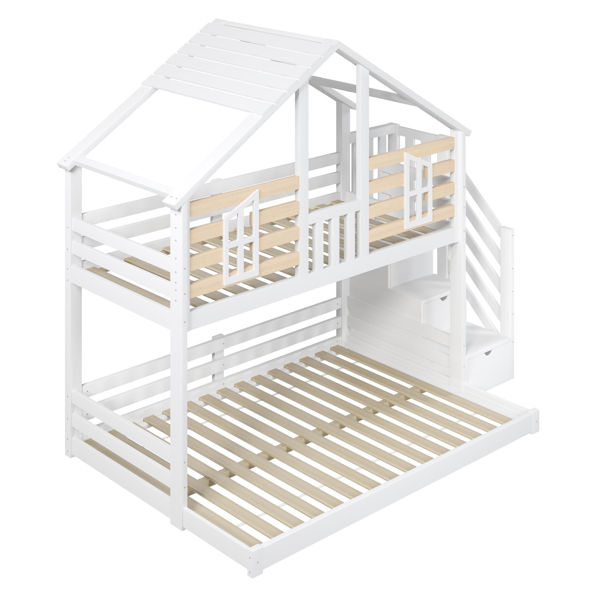 Letto a castello, 90x200cm + 140x200cm, design a casa, design con finestra, scaletta contenitore, letti di varie misure, senza materasso, bianco + naturale((Bianco + Naturale)-B)