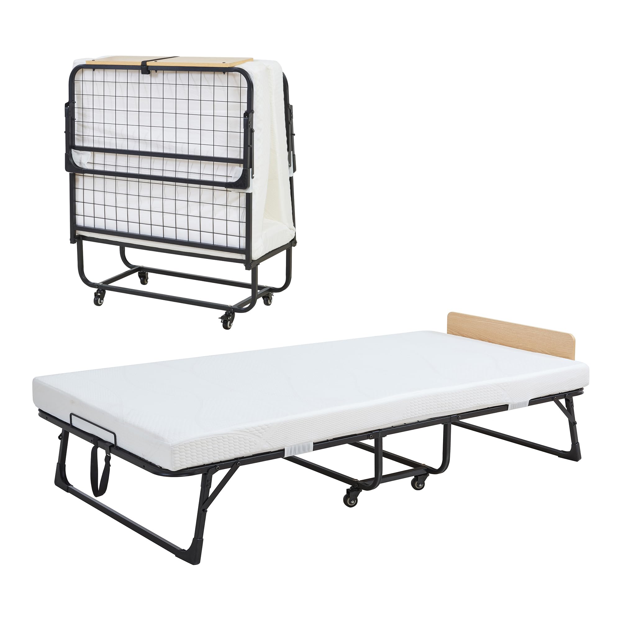 [en.casa] Klappbett 90x200 cm Erwachsene Lustendi mit Matratze Gästebett klappbar mit Kopfteil Metallbett mit Rollen Schwarz/Eicheoptik