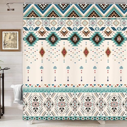 Miniatura 3 de Cortina de ducha estilo bohemio occidental para baño, patrón azteca del suroeste nativo americano, tribal navajo, bohemio, juego de cortinas de