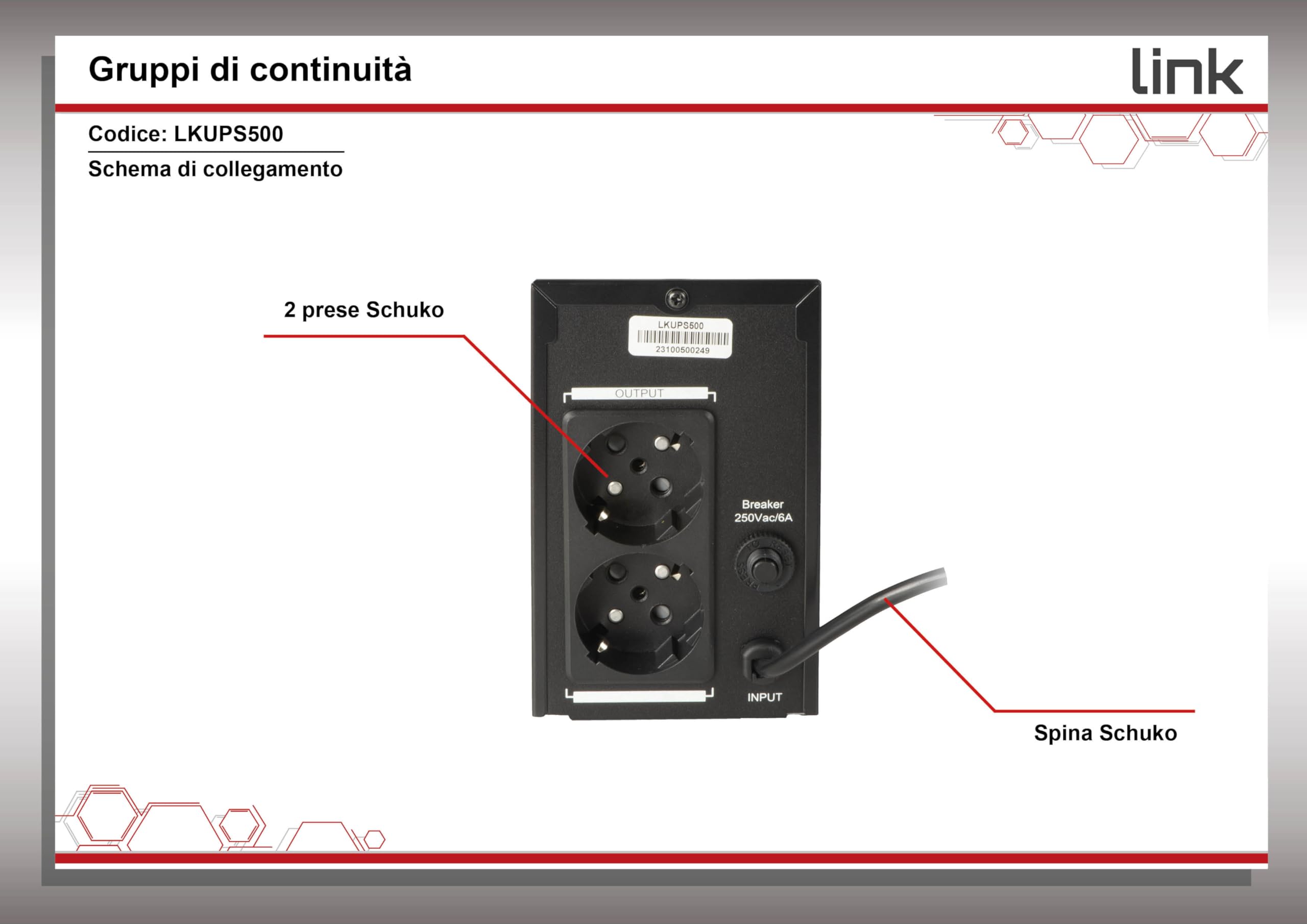 LINK LKUPS500 UPS gruppo di continuità Line interactive 12V/4,5Ah due prese Schuko 29,2x14x21,5 cm