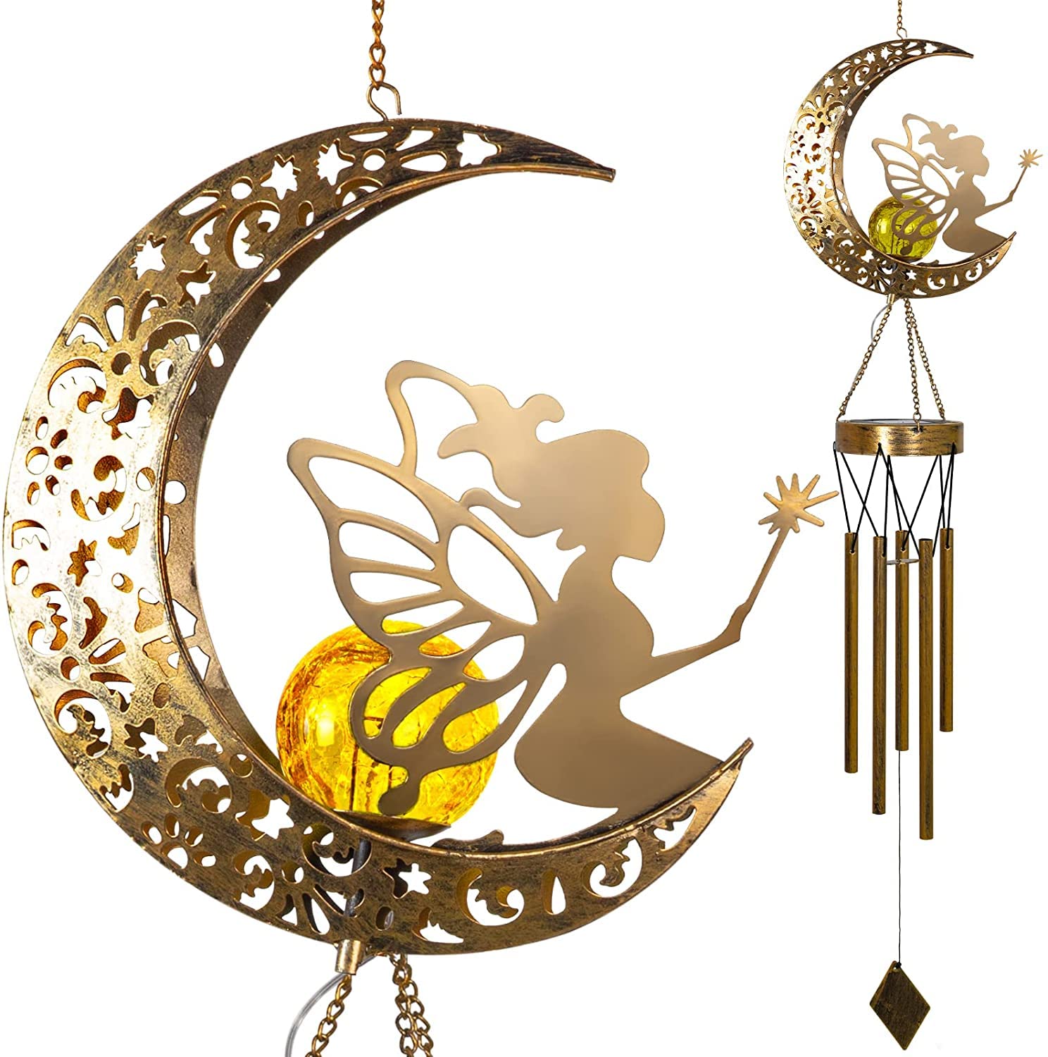 Solar Wind Chimes, Moon Fairy Hanging Outdoor Decor, Sun Crackle Glass Ball Warm Memorial Wind Chimes Light Patio Lawn Yard Gardening Gifts, LED Garden Decoration Iron Hollow Outdoor Landscape Lamp
