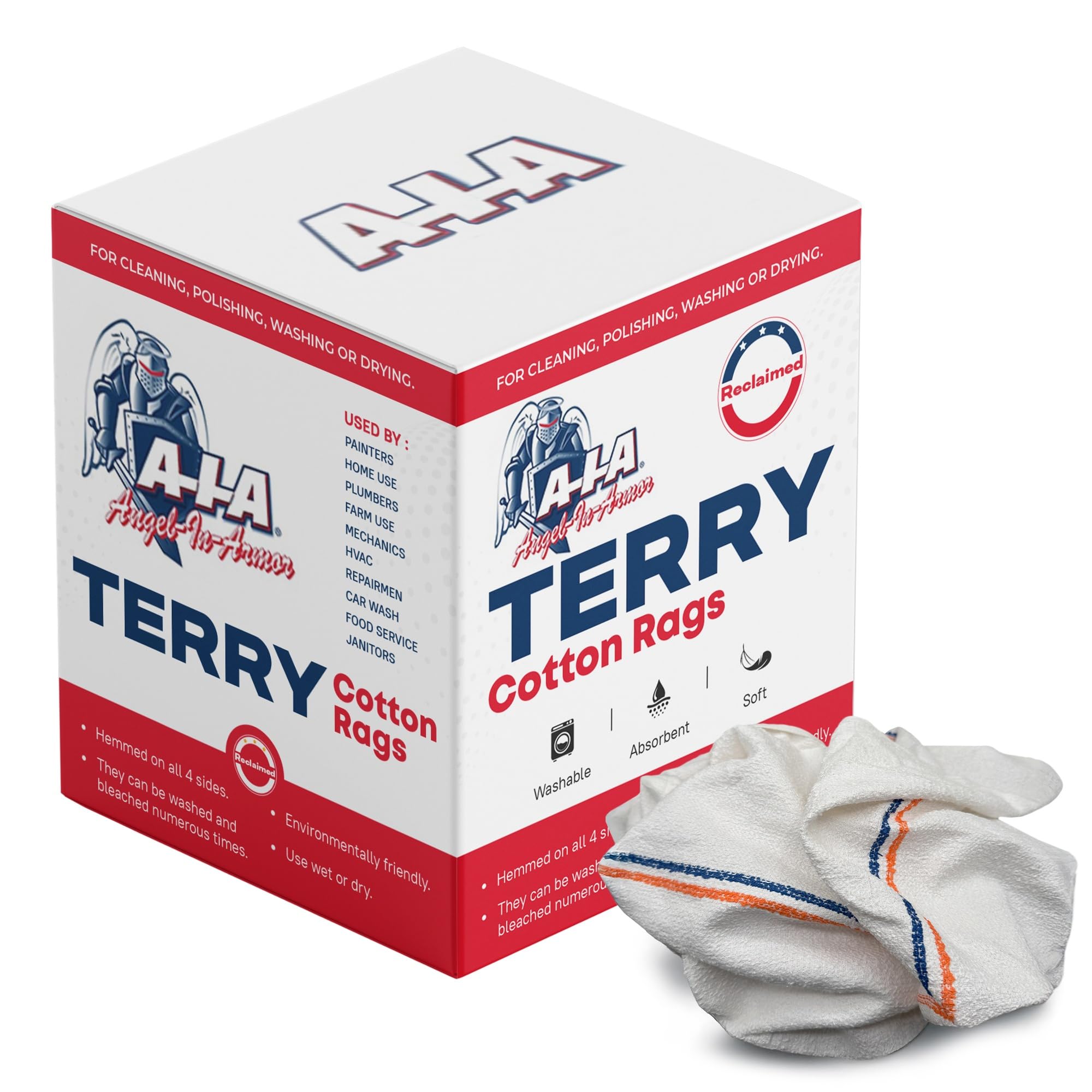 Angel-in-Armor White Striped Terry Cloth Rags 16 x 19 8x4lb Bulk Box of Cotton Cleaning Towels Reusable Terry