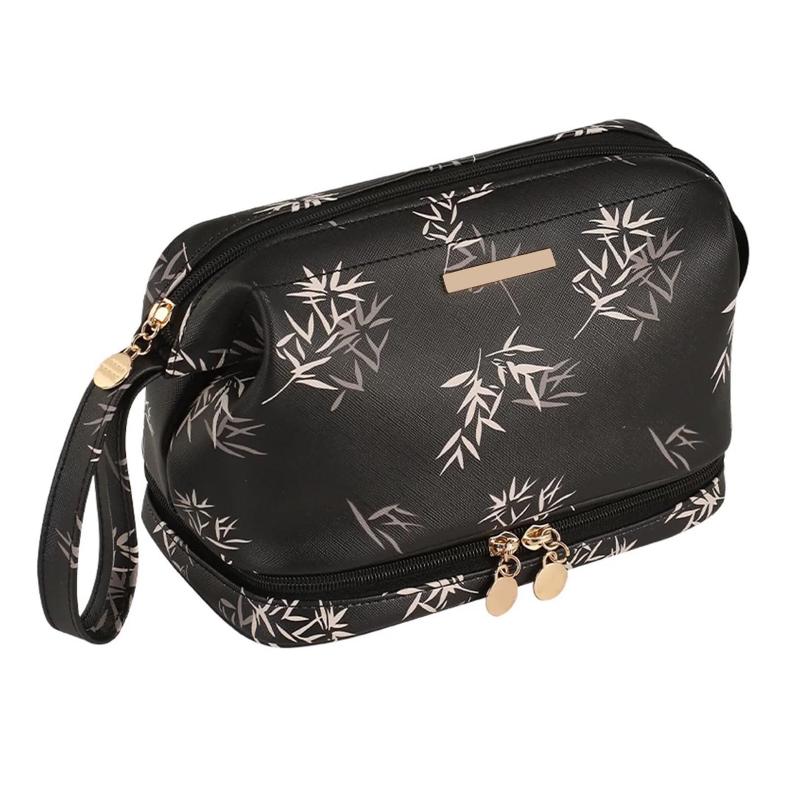 Portatile Borsa Trucco, Beauty Bag, Pratico Organizer per Pennelli da Trucco e Accessori Estetici da Donna, con Motivo Floreale Botanico e Comoda Maniglia per Il Trasporto(Black)