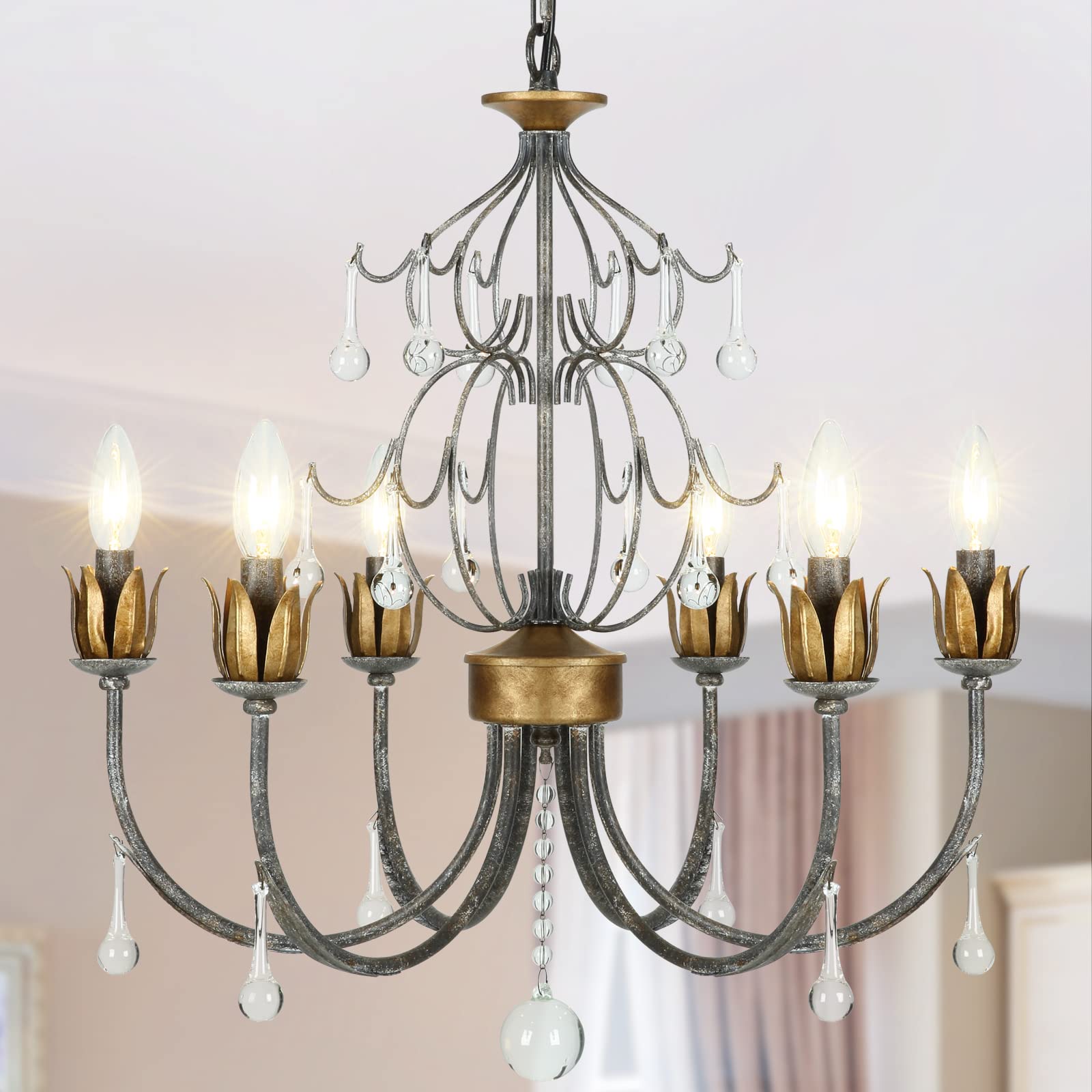 FinExpect6-Light Farmhouse Chandelier 2-Tier Antique Wrought Iron Chandelier with Crystal Pendant Rustic Lotus Candle Chandeliers Light Fixture for Dining Room Living Room Kitchen Foyer, Dia 21.6"