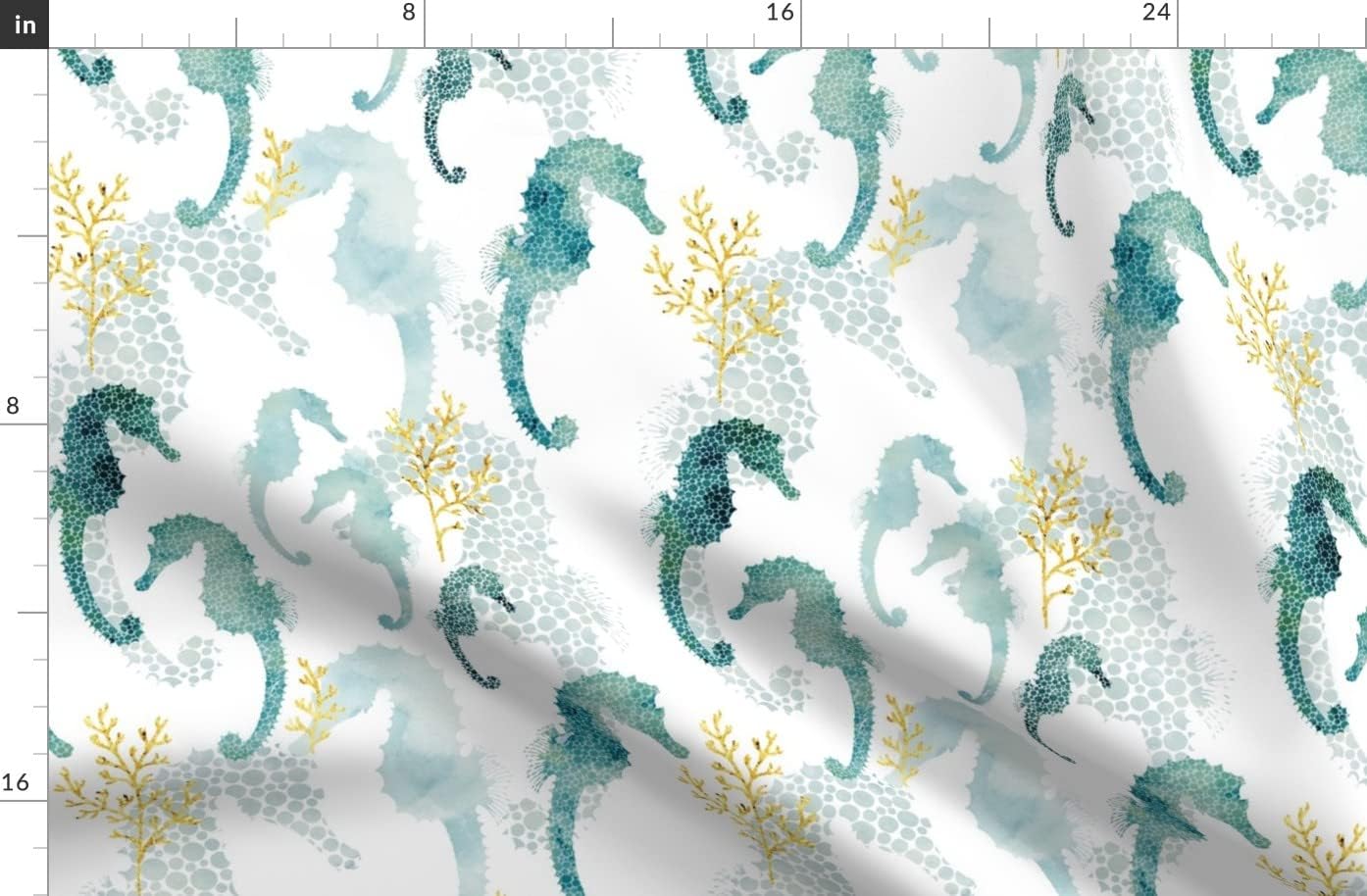 Spoonflower Fabric - Pointillism Seahorse Seaweed Pattern Turquoise Blue Watercolor Ocean Printed on Organic Cotton Sateen Fabric by The Yard - Sewing Quilting Apparel Home Decor