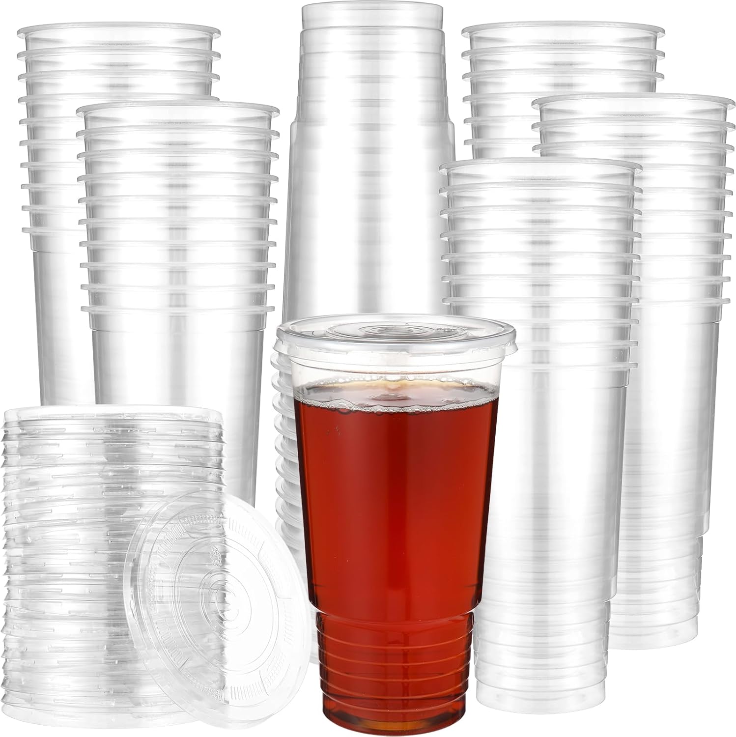 150 Sets 32 oz Plastic Cups with Lids, Oversized Disposable Clear Cups with Lids for Dessert, Ice Cream, Cold Drinks as Iced Coffee, Smoothie, Milkshake