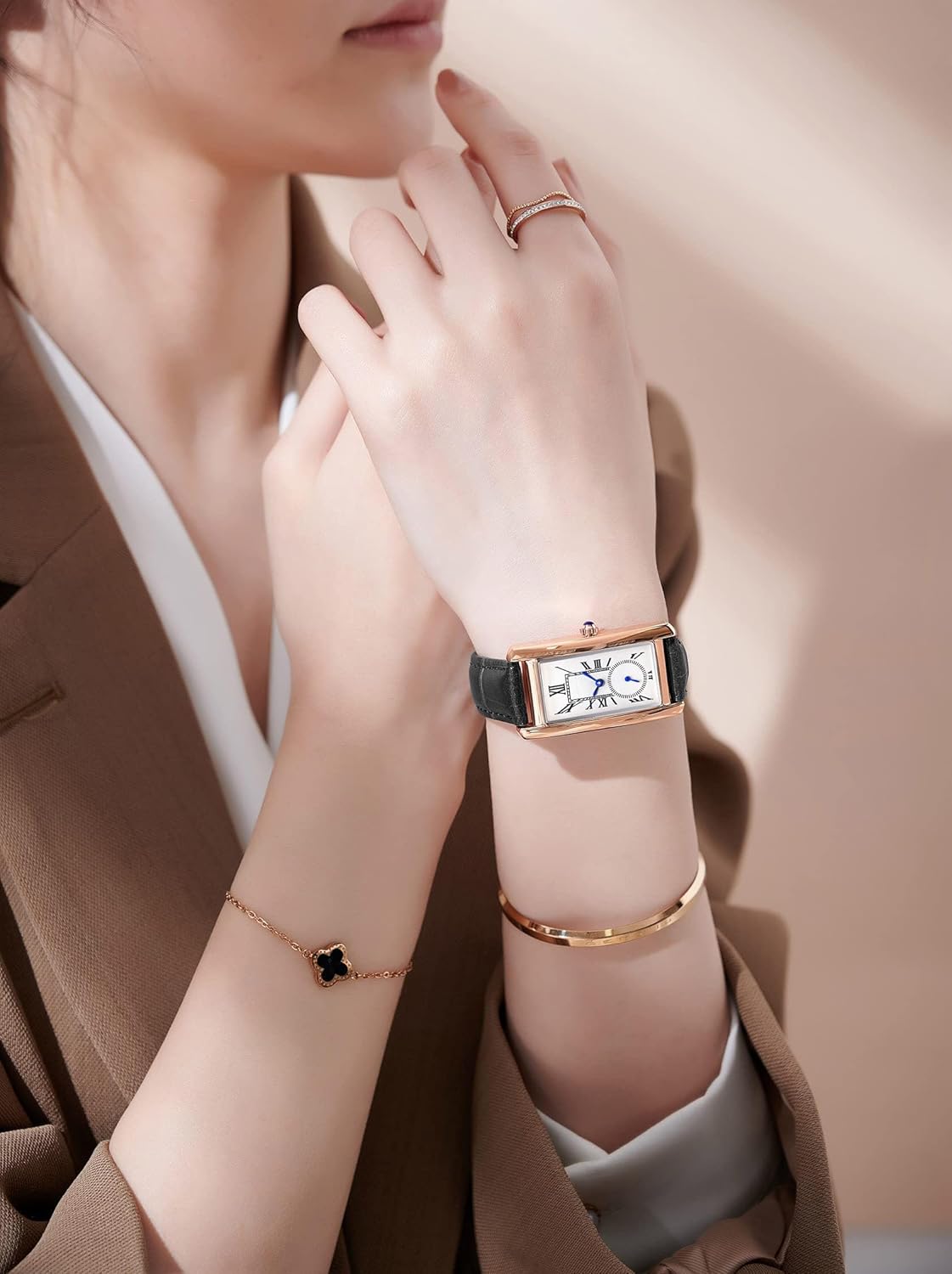 Women Quartz Watch Lady Stylish Rectangle Dress Watch with Leather Strap and Blue Crystal Crown - Image 5