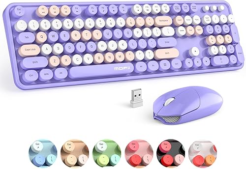 MOFII Combo de teclado y mouse inalámbricos, color morado, colorido, teclado, de tamaño completo, teclas redondas, ratones de teclado USB 2.4G con