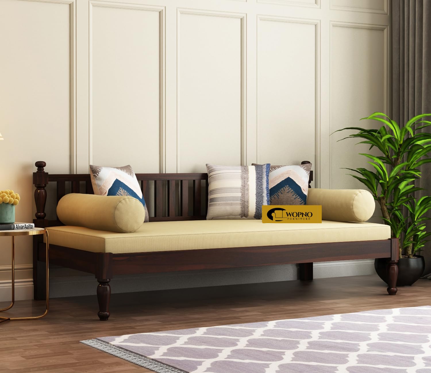 Wopno Furniture Solid Sheesham Wood Sofa 3 Seater Sofa Diwan Bed for Home Living Room Wooden Couch Diwan Sofa Settee for Living Room and Office | Rosewood Three 3 Seater Sofa (Walnut, 3 Seater)-image-30