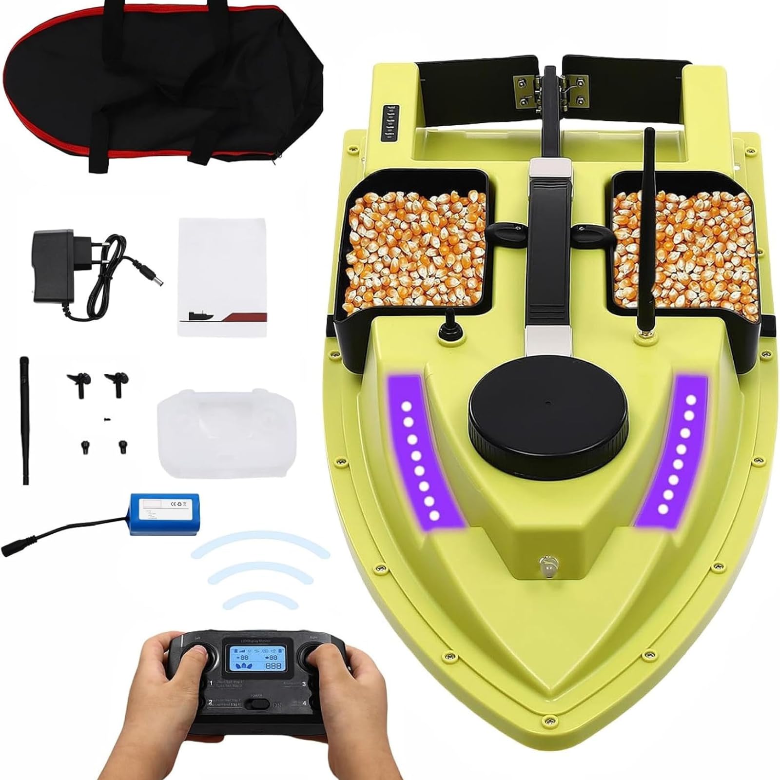 GPS. Barca per mangimi, 500 m, radiocomandata, Dual Motor Fish Finder con luce di navigazione e schermo LED per pesca, doppia struttura del cuscinetto, telecomando 2,4 G, giroscopio a sei