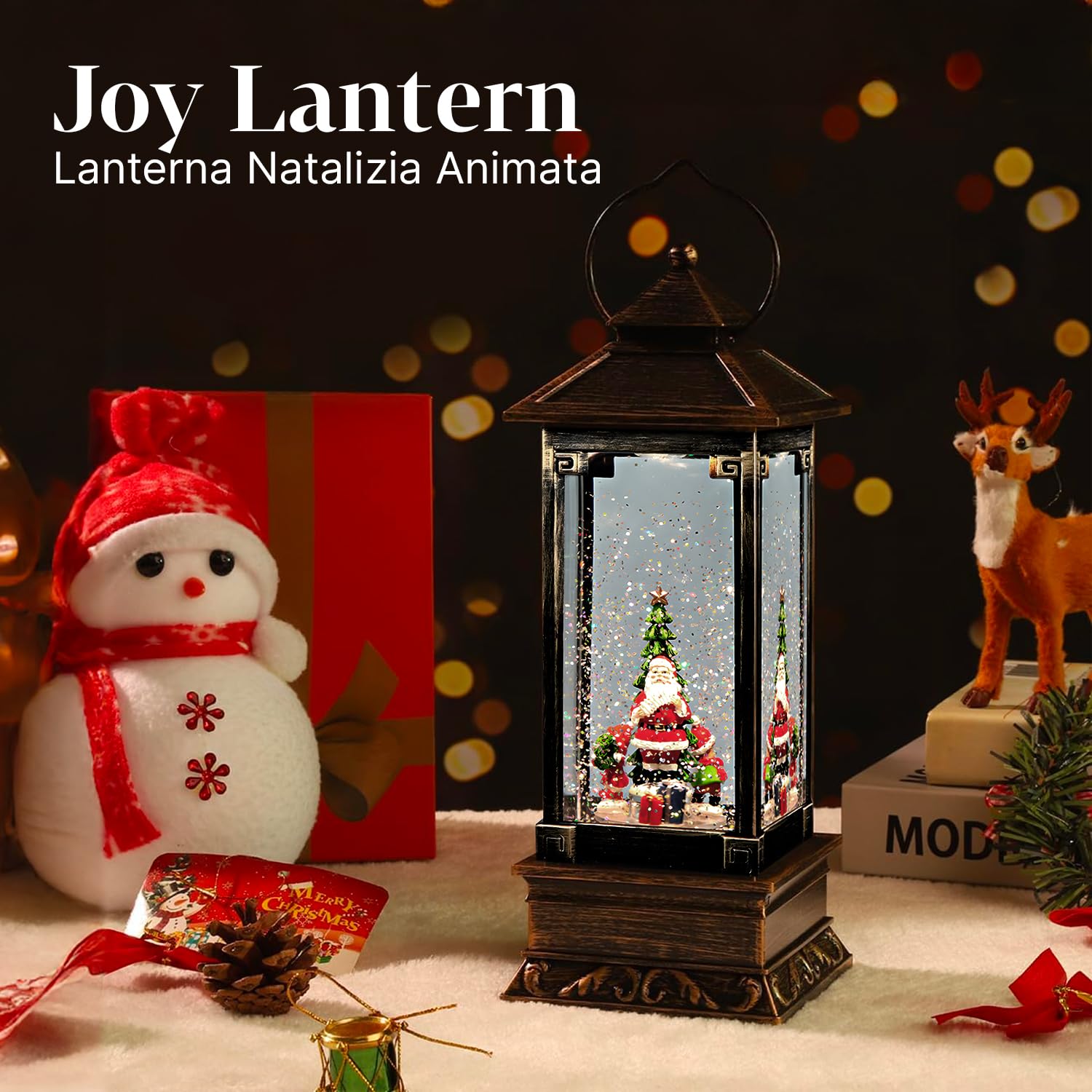 Avilia Lanterna Natalizia Animata con Musica e Luci Led 29x14x14cm - Ideale per Decorare Casa Durante le Feste Natalizie - Realizzata in Materiali Resistenti e Dipinta a Mano si Adatta ad Ogni Casa