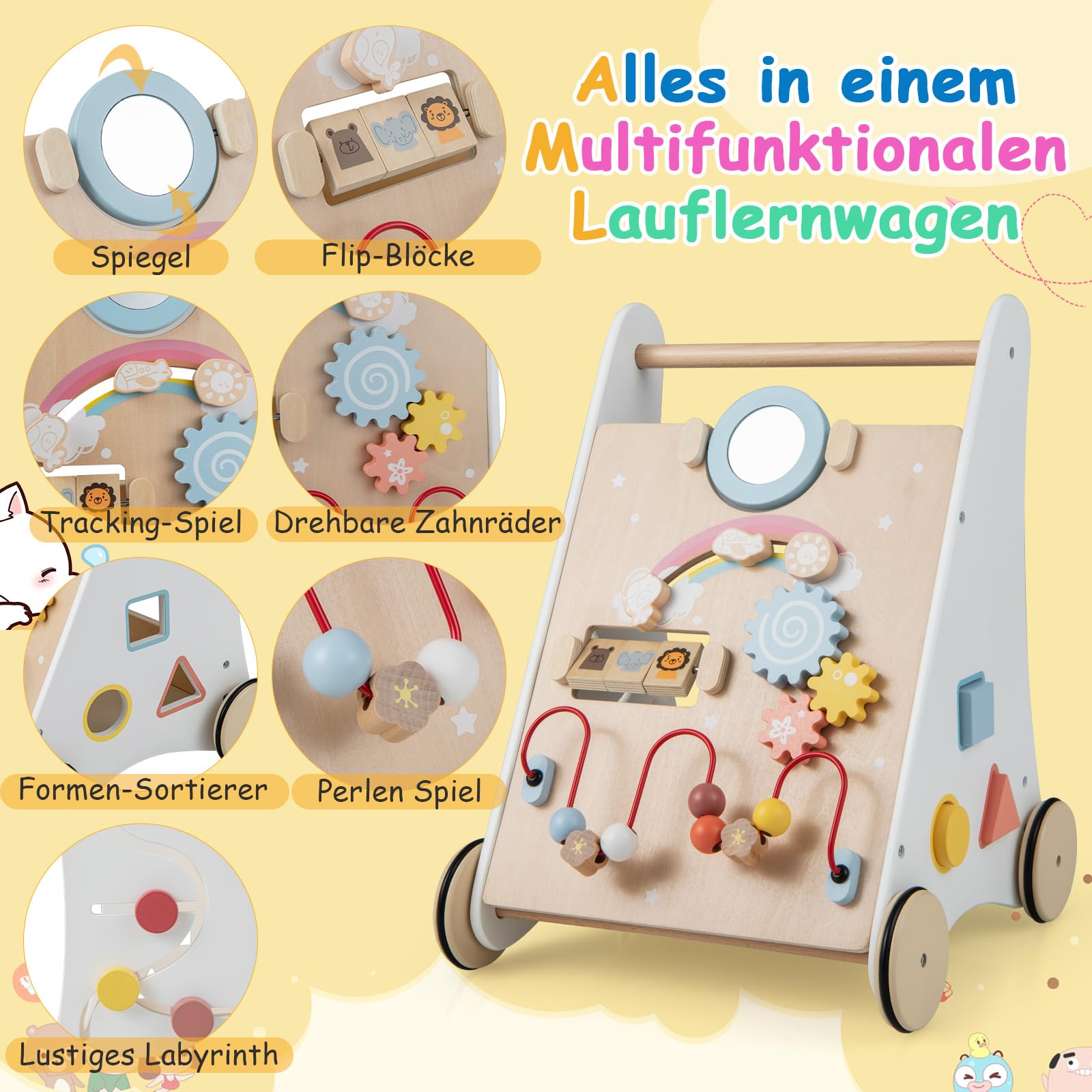 COSTWAY Lauflernhilfe aus Holz, 7 in 1 Lauflernwagen mit Spielbrett, Spiegel & Bauklötzen, Laufwagen zum Schieben mit Aufbewahrungsbox, Laufhilfe Baby ab 1 Jahr (Weiß + Natur)