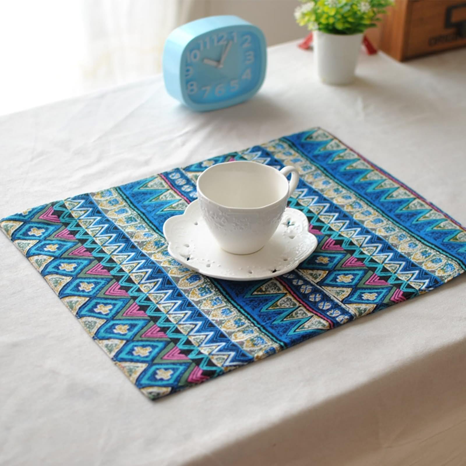 Lot de 8 Set de Table Vintage Dinner 30x40cm, sous Assiette Bleu Motif à Rayures Ondulées Géométriques Coton Lin