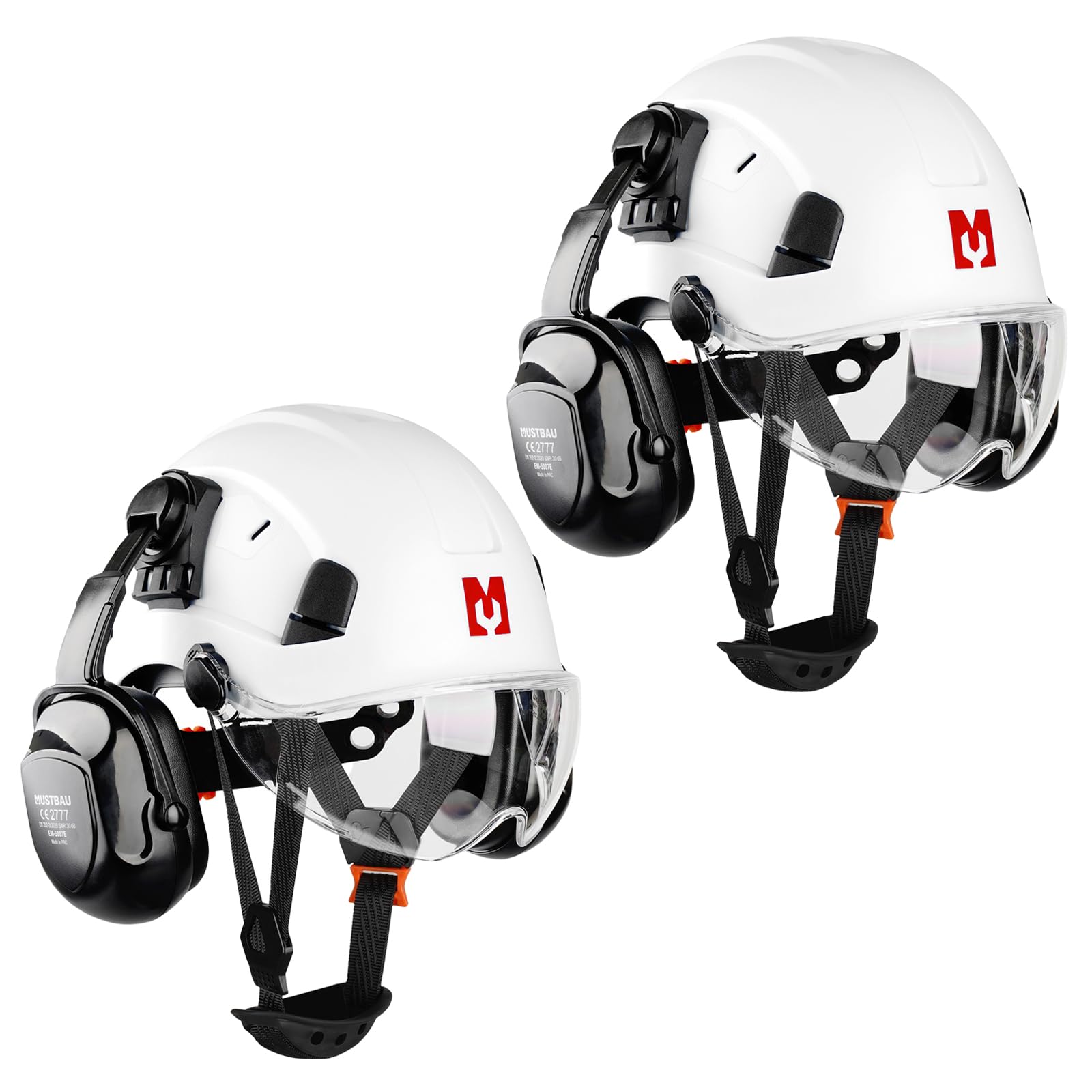Mustbau Construction Hard Hats Ventilated Safety Helmet with Clear Visor,Hearing Protection,Earmuffs and Chin Strap,53 to 63 cm Adjustable Hard Hat for Forestry, Chainsaw, Industrial (White-2)