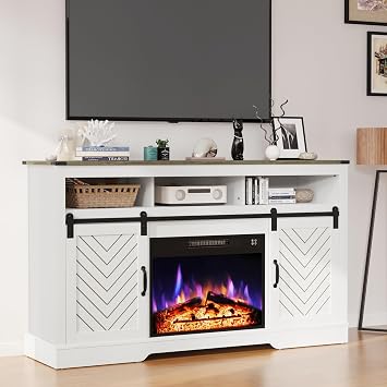 May in Color Fireplace TV Stand for 65+ Inch TV, Farmhouse Entertainment Center with 23" Electric Fireplace with Remote, Modern Rustic TV Console with Sliding Bar Door for Living Room,Antique White