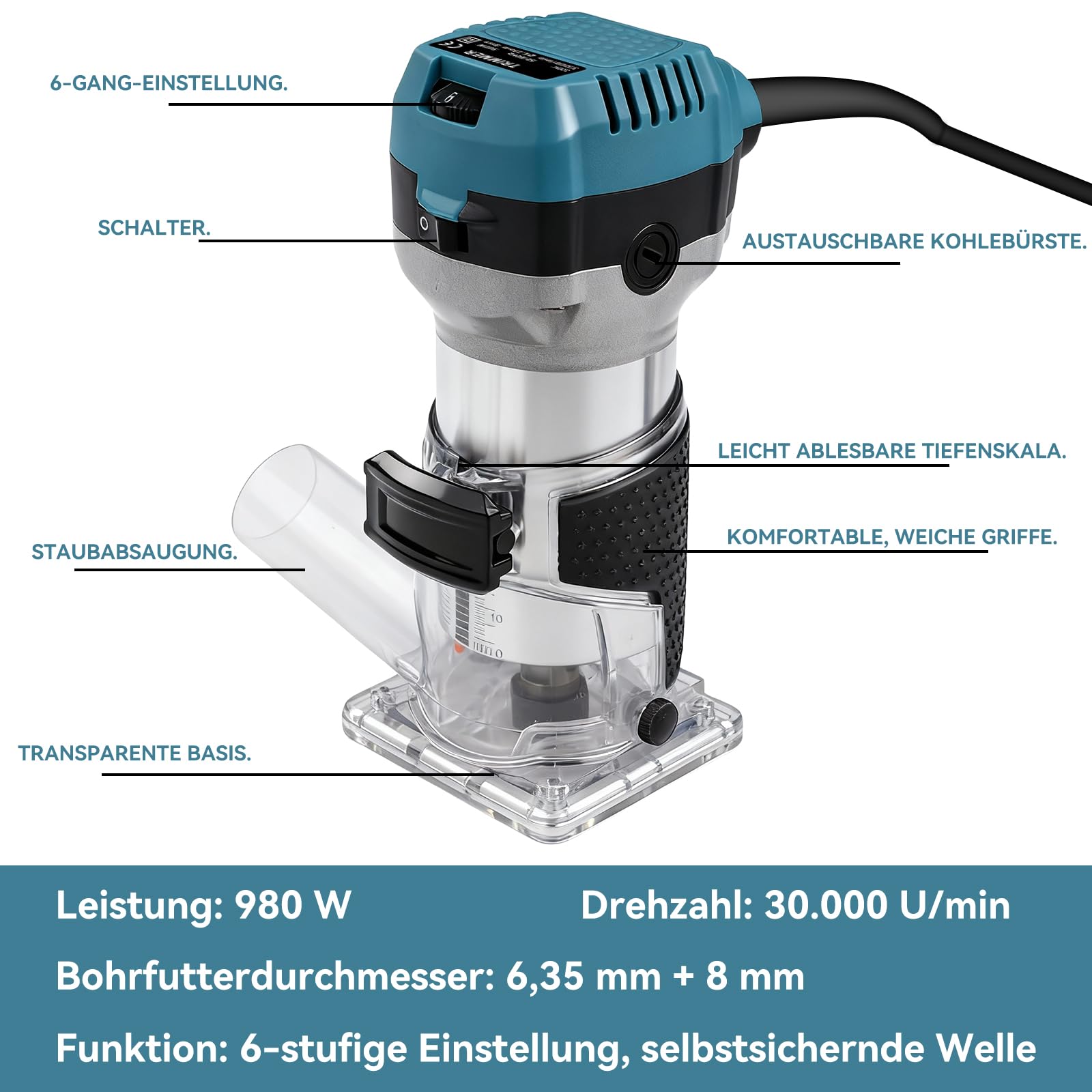 Kantenfräse, 1000W 30000 U/min Oberfräse Trimmer mit Staubabsaugung, 6 Gang Einhandfräse mit 15 Fräsen Cuter, Zum Anfasen Nuten Trimmen Stanzen Schneiden und Schnitzen von Holz