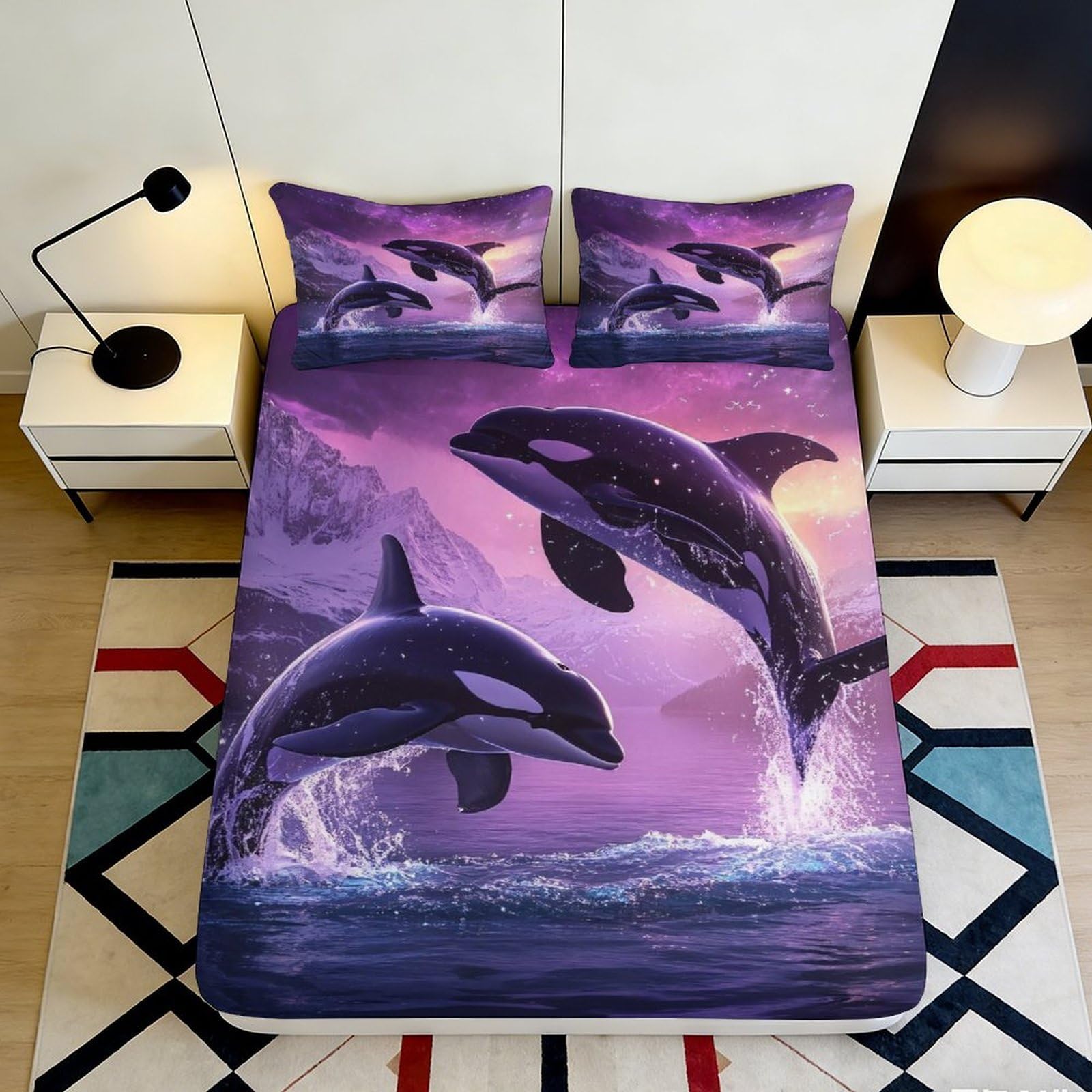Jqzkxnhpbr Style-6 3D Printed Ocean Sunset Fitted Sheet Microfiber Soft Purple Whale Mattress Cover For Bedroom Guest Room Decor 90X200x25cm