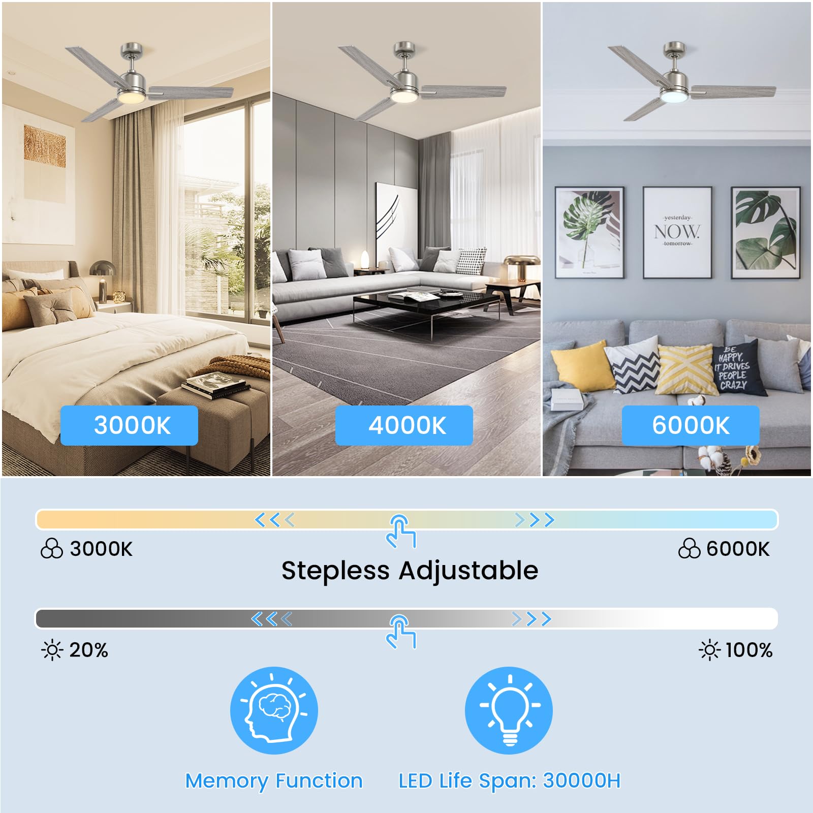 Newday 107cm Ventilatore da Soffitto Argento e Legno, Ventilatore da Soffitto con Luce e Telecomando Réversible, Pala Soffitto con Luce Dimmerabile per Soggiorno Camera da Letto Cucina Terrazza