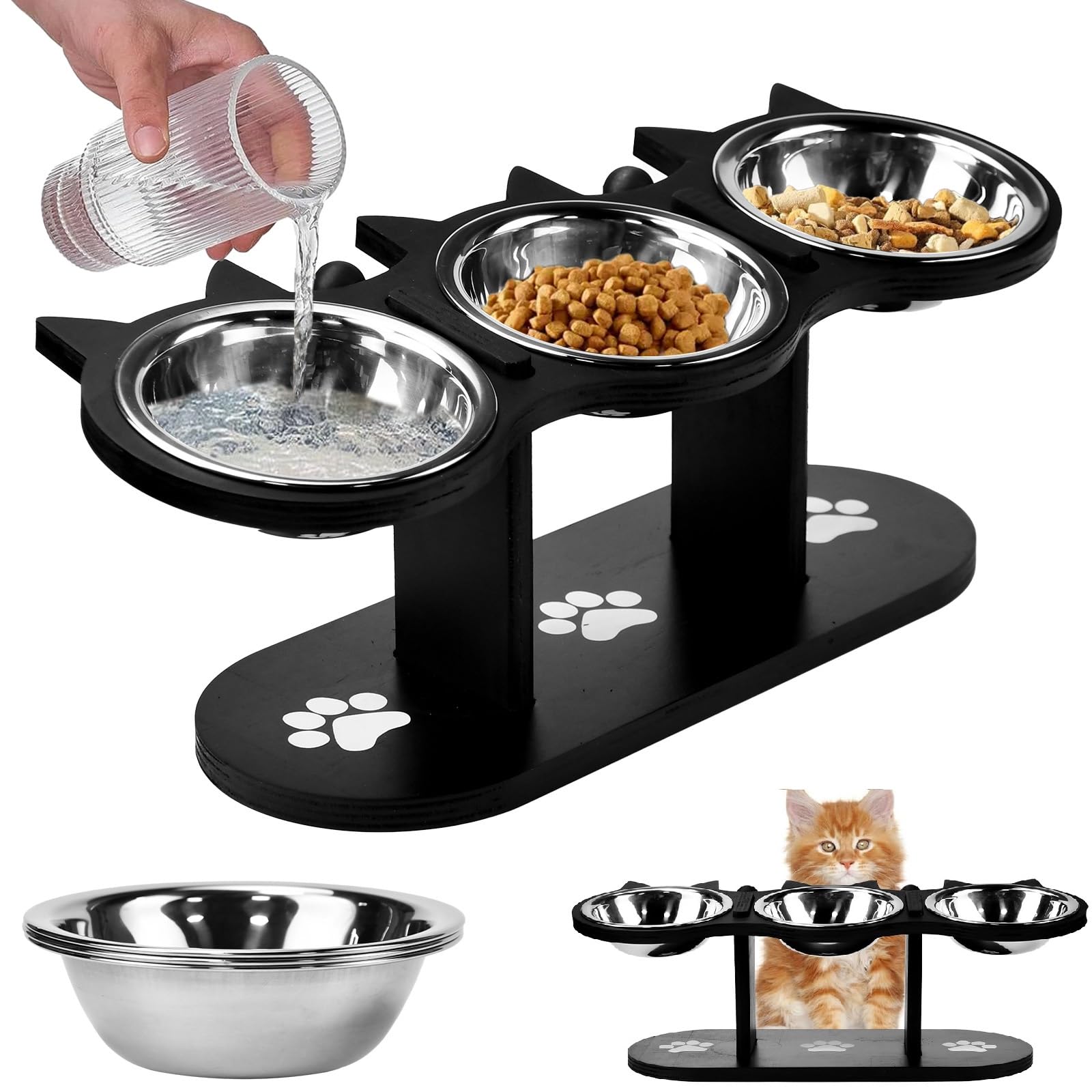 Ciotole Per Gatti Rialzate Con Supporto Legno - 3 Ciotole Acciaio Inox, Antiscivolo, 42x16cm - Foto 4
