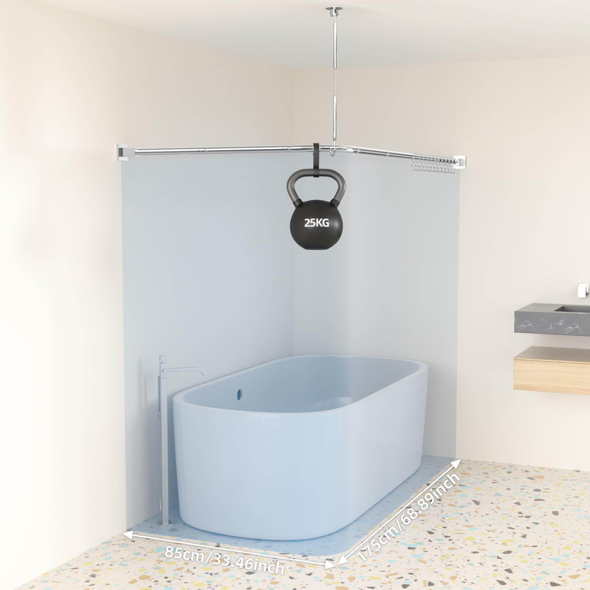 Asta per tenda da doccia a forma di L, senza foratura, staffa angolare 85 x 175 cm, asta doccia per tenda da doccia, guida per vasca da bagno, 304 in acciaio inox, con 12 anelli