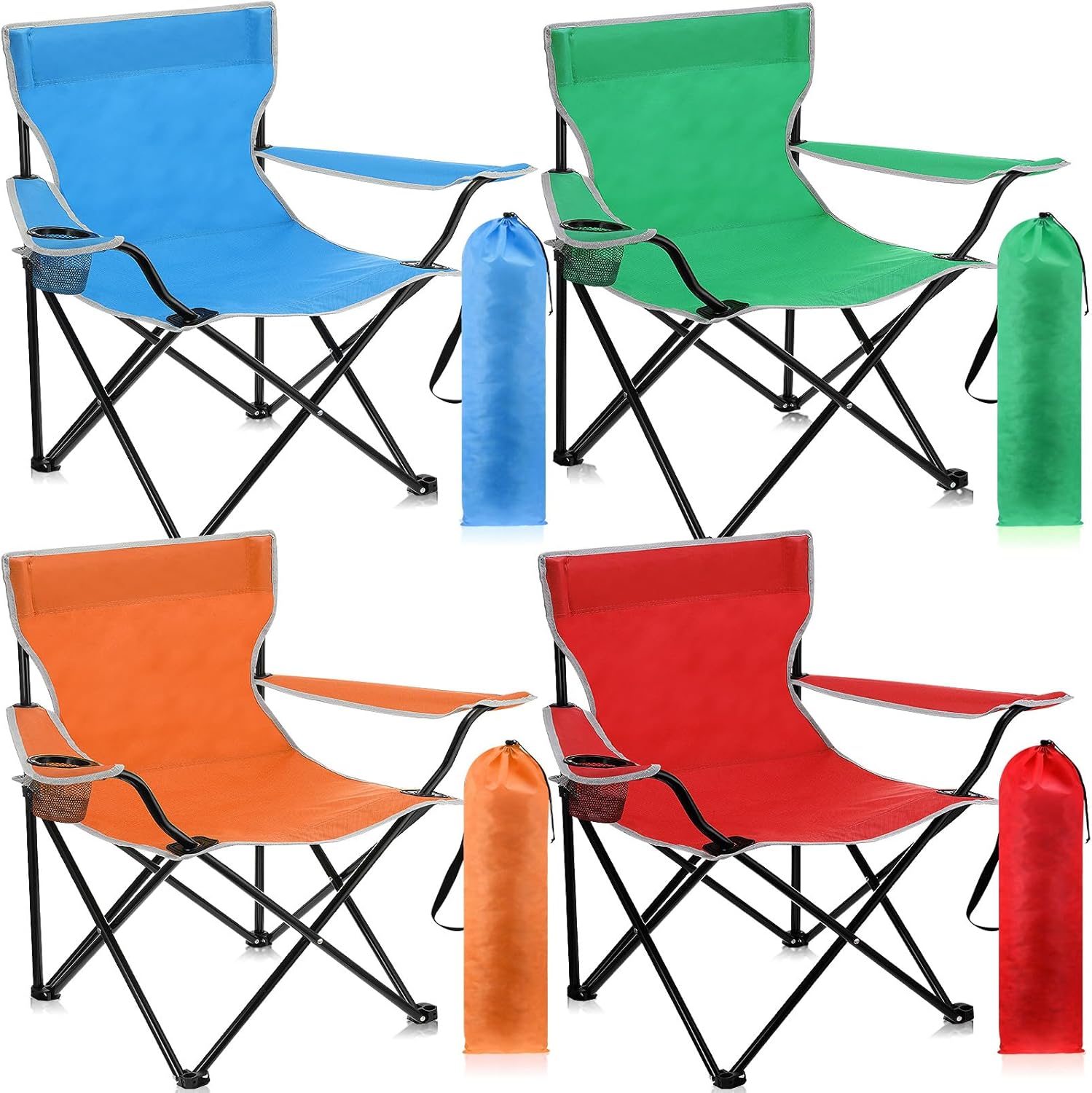 4 Pcs Folding Camping Chairs with Cupholder and Carry Bag Regular Size Portable Lightweight Lawn Chair with Side Mesh Pocket for Fishing Hiking Picnic Beach Outdoor Party (Elegant)