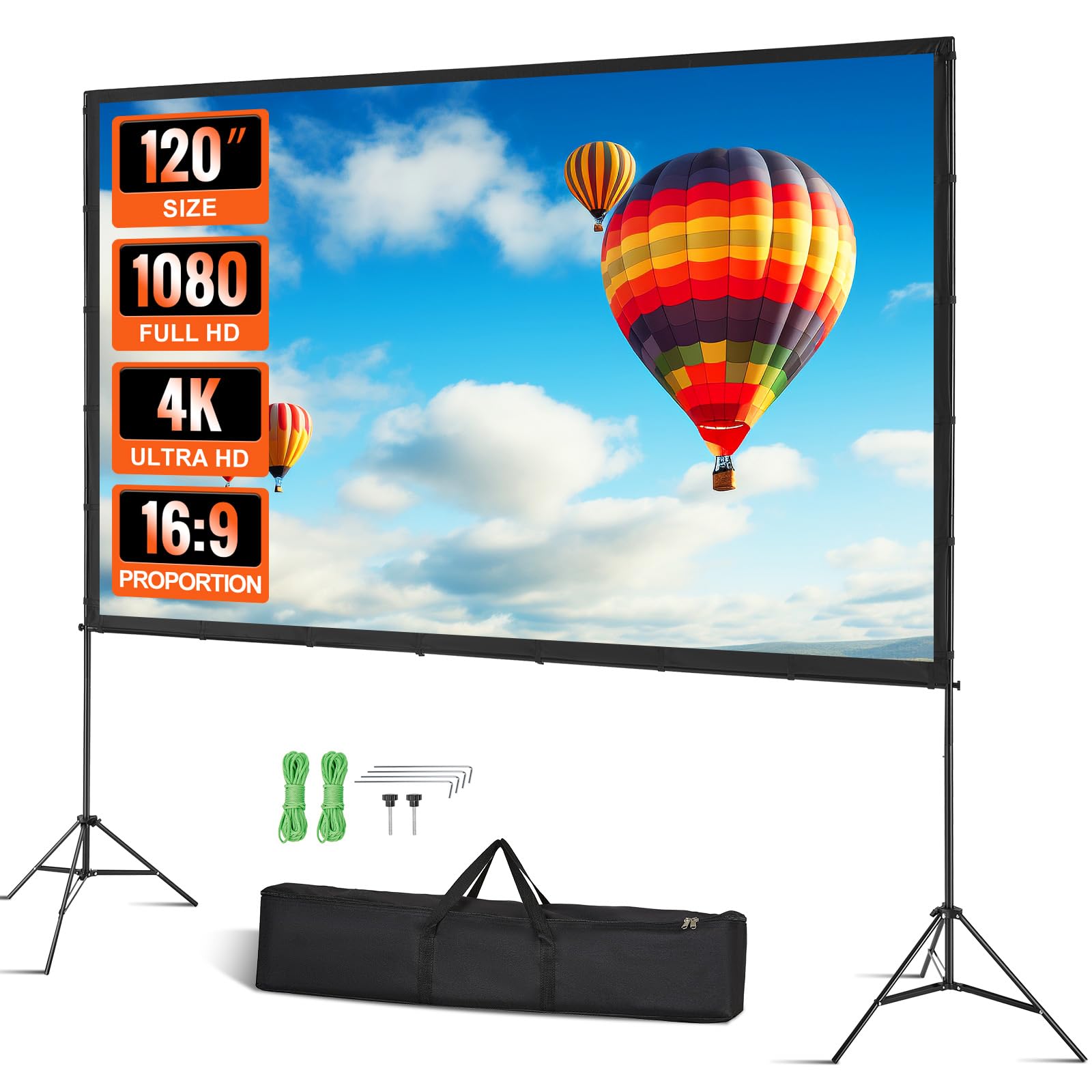 VEVOR Projector Screen with Stand, 120 inch Portable Movie Screen 16:9 4K 1080 HD Outdoor Indoor Projector Screen with Tripods and Carry Bag for Backyard Movie Night
