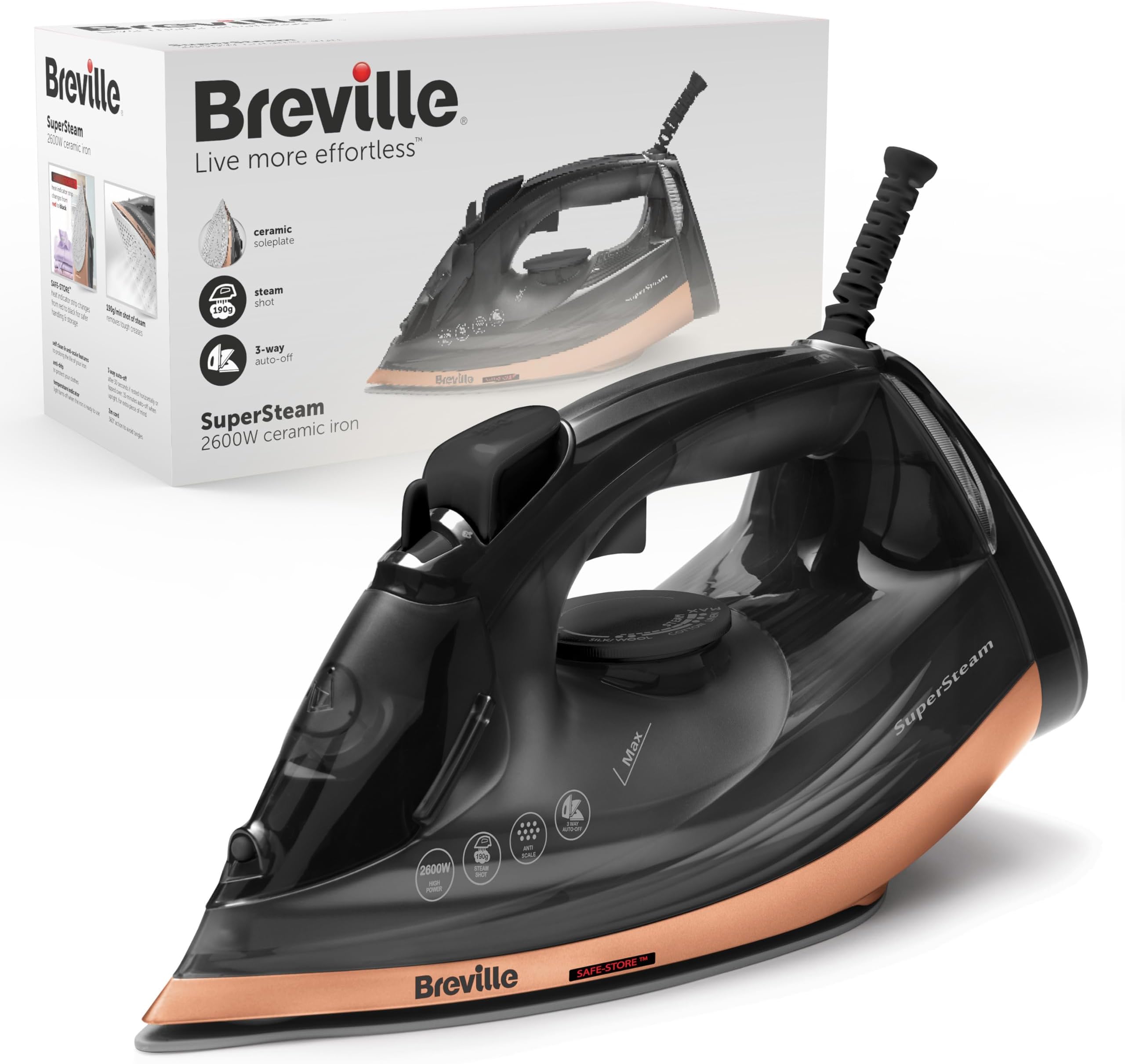 SuperSteam Steam Iron | 2600 W | 190g/min Steam Shot | Smooth Ceramic Soleplate | 300 ml Water Tank | 2m Cord with 360° Action | Black & Copper | VIN442