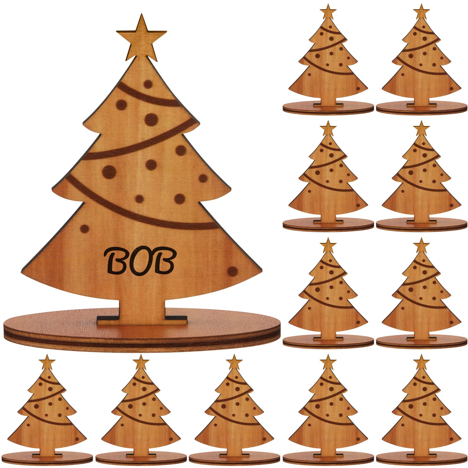 Gulfmew 12 Pcs Christmas Tree Place Name Settings 3D Freestanding Wooden Table Place Card 3.74'' x 2.76'' Rustic Seat Card Xmas Name Table Decoration with Marker for Christmas Party Decor