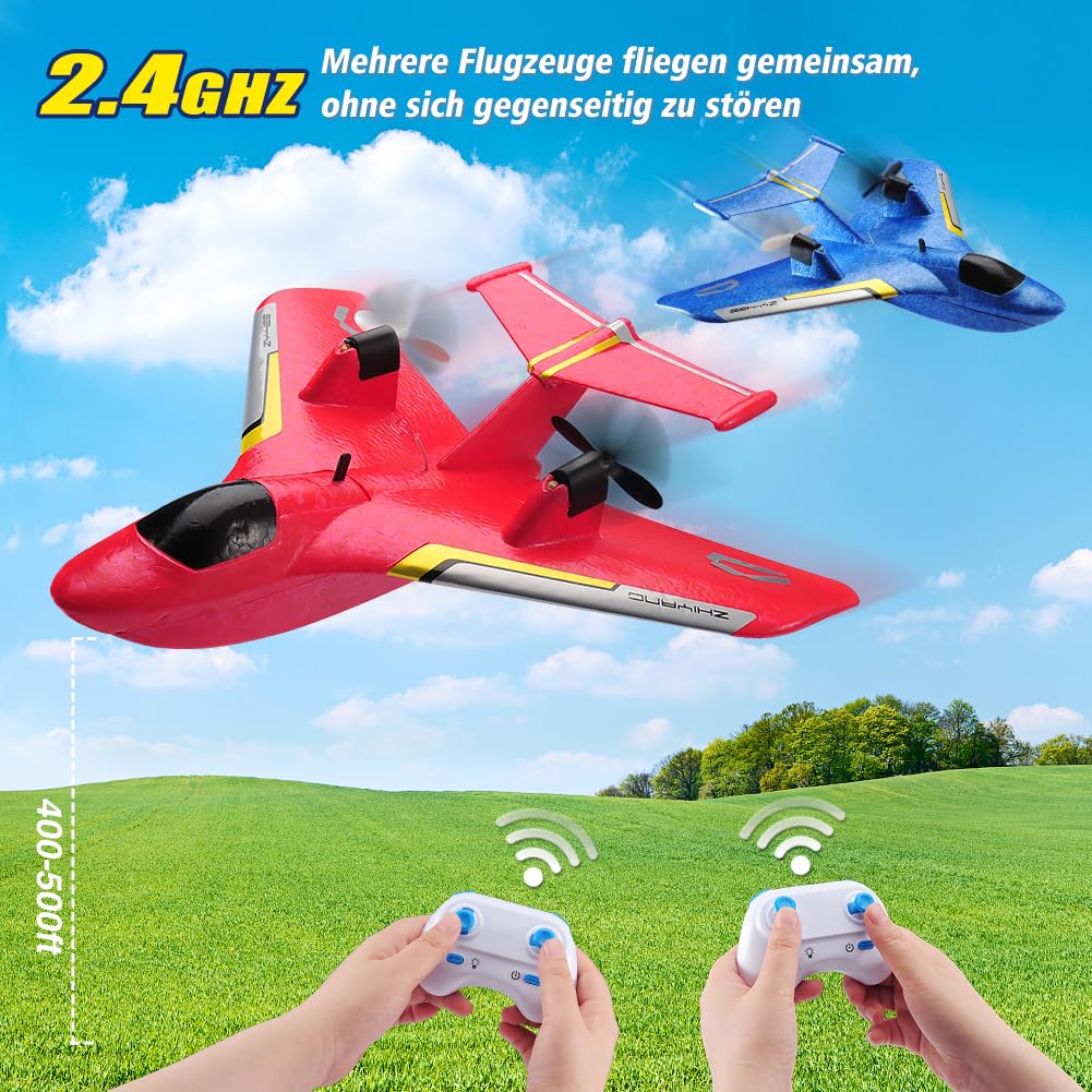 Fremego RC Flugzeug für Wasser, Land und Luft,2.4GHz Glider Ferngesteuertes Flugzeug mit 2 Batterien und Licht,2CH Kampfflugzeug Modell Spielzeug für Kinder Anfänger (Rot)