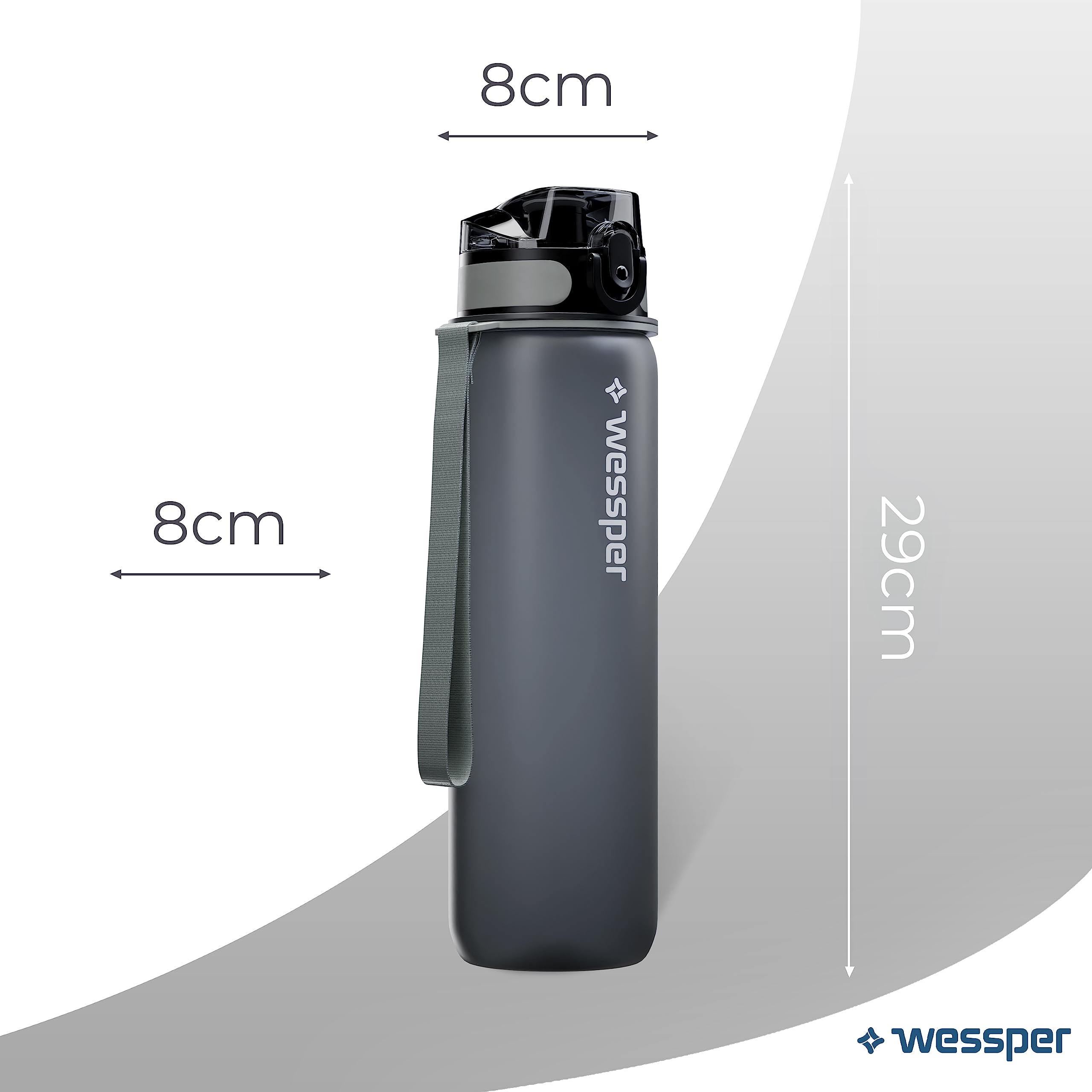 Wessper Active Max Tritan Butelka na wodę o pojemności 1 l, z oznaczeniem czasu, nie zawiera BPA, szczelna, 1 l, na rower, do szkoły, dla dzieci, na wędrówki, sport, szara