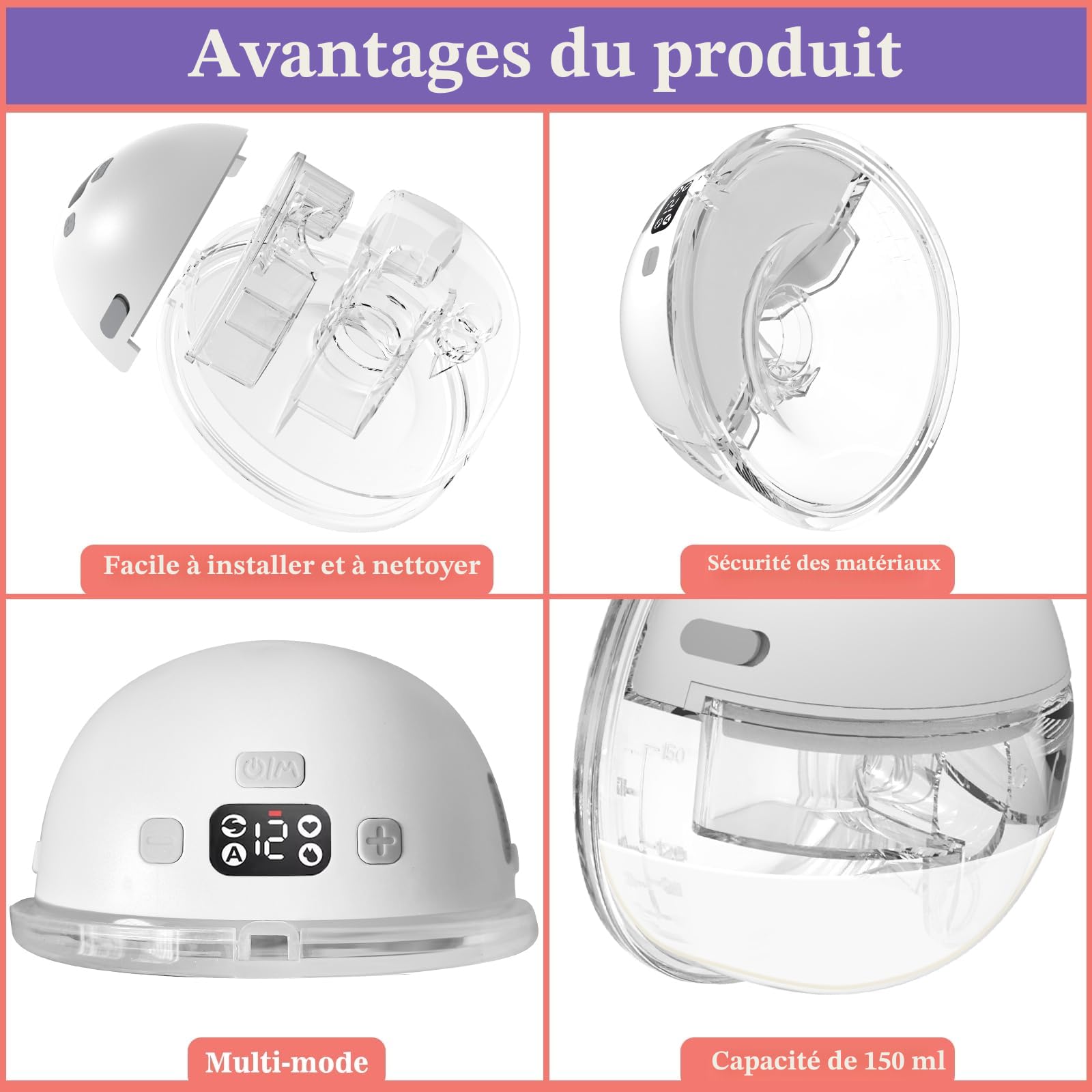 Tire Lait Electrique avec 4 Modes, 2 Tire Lait Portable, Breast Pump Electric Main Libre avec 2 Boucles de Réglage de Soutien-Gorge et Bride de 17/19/21mm, Faible Bruit, avec Écran Led, Blanc