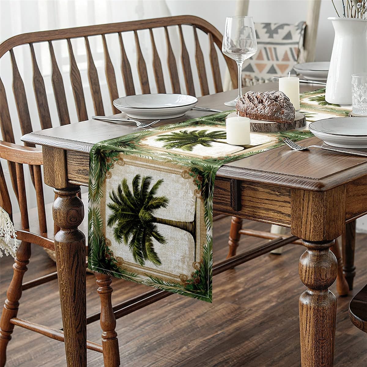 Palm Tree Table Runner,Boho Tribal Mandala Grid Retro Green Beige Kitchen Dining Table Decoration for Indoor Outdoor,Tropical Coconut Trees Leaves Table Dress Home Party Decor,120 x 13 Inch