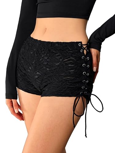 Milumia Women Lace Up Low Waisted Mini Shorts Tie Side Knot Rave Skinny Hot Shorts - Medium - Black
