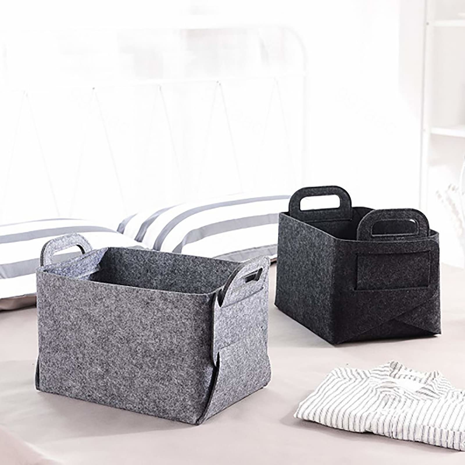 Cesta de almacenamiento de fieltro blanco con asas para baño, maquillaje, armarios, color gris, 45 x 31 x 29 cm