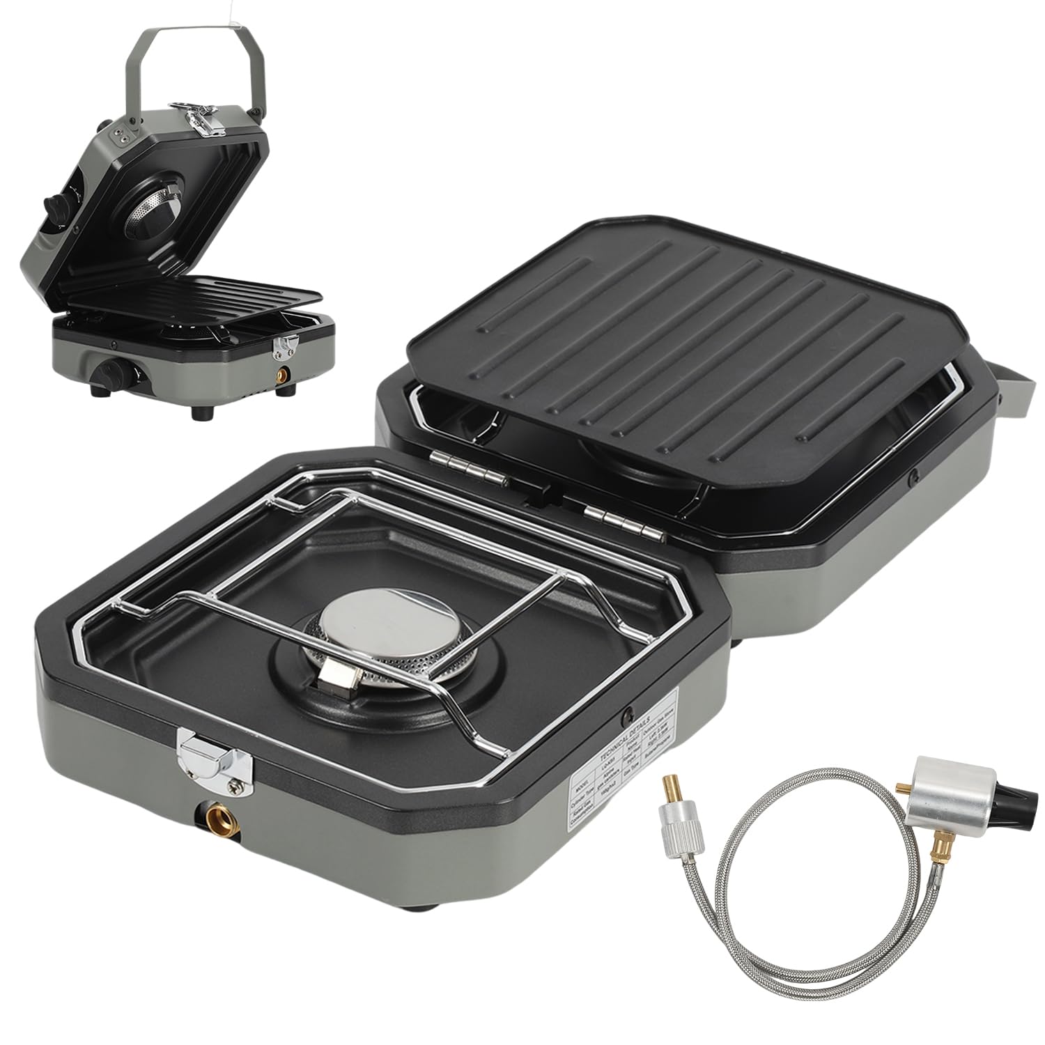 Hornillo de camping 2 en 1 de gas, hornillo de gas para camping, 2 fuegos, plegable, con placa de barbacoa para exteriores, barbacoa, senderismo y emergencias (butano, gris), incluye