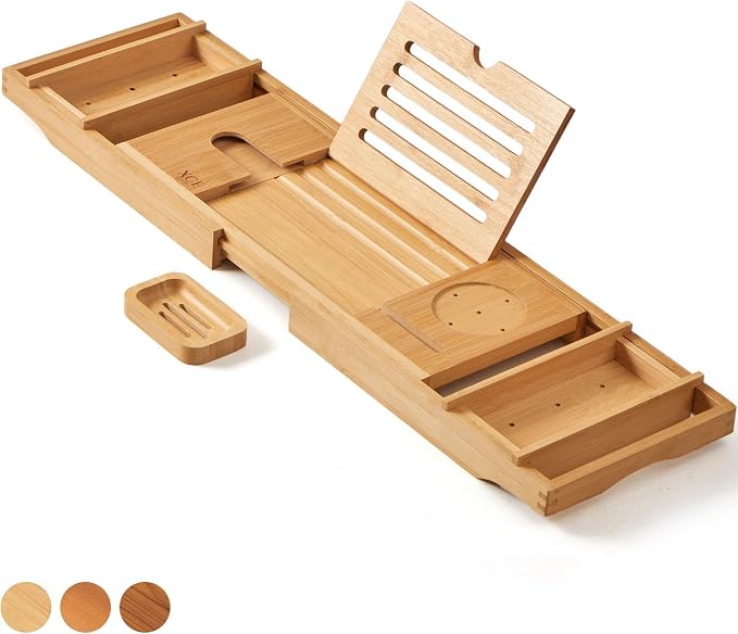 Bathtub Caddy Tray Expandable to 105cm with Bamboo Book Stand and Soap Tray, Natural