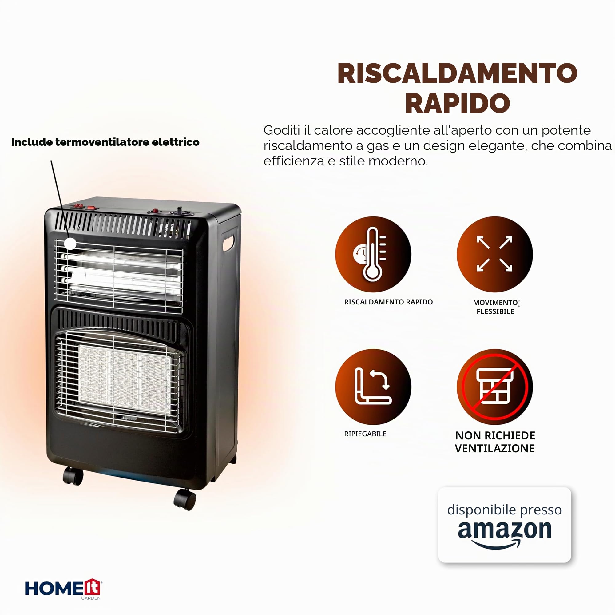 HOME It® Stufa a gas pieghevole con ventilatore integrato, 3 livelli di calore 1,5/2,8/4,2 kW, accensione piezo, sensore ODS e anti-ribaltamento, con ruote, grigio antracite