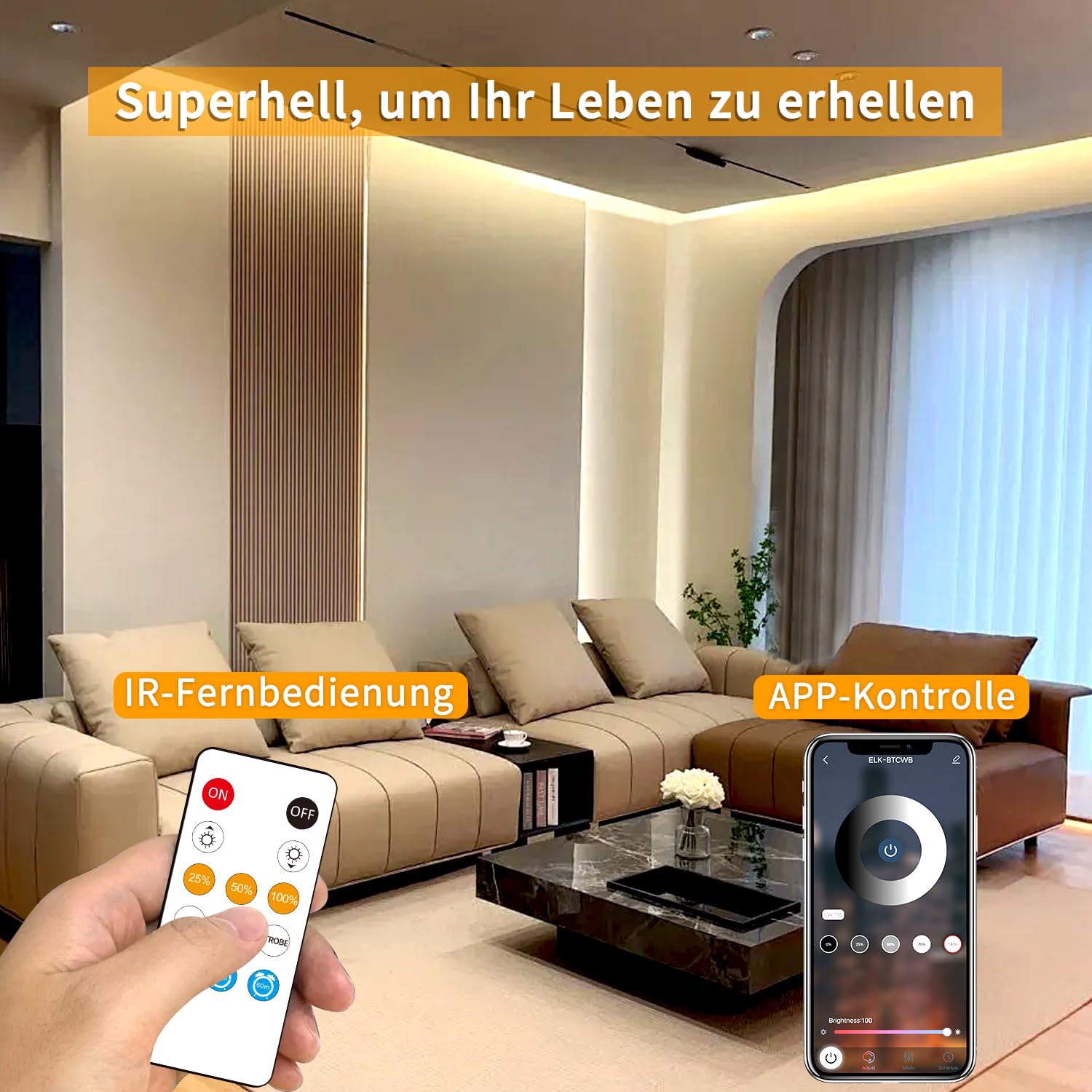 COB Ruban LED 15M Contrôle APP avec Télécommande Bande LED COB Flexible Dimmable DC24V 3000K Blanc Chaud Convient pour Chambre Chambre DIY Décoration