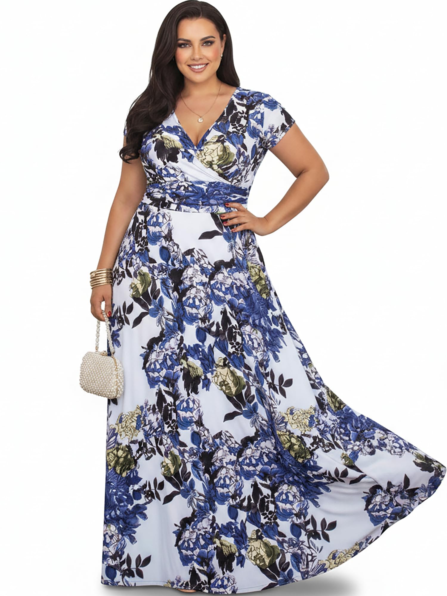 Womens Long Floral Print Cap Sleeve Modest Flowy Summer Maxi Dress Gown