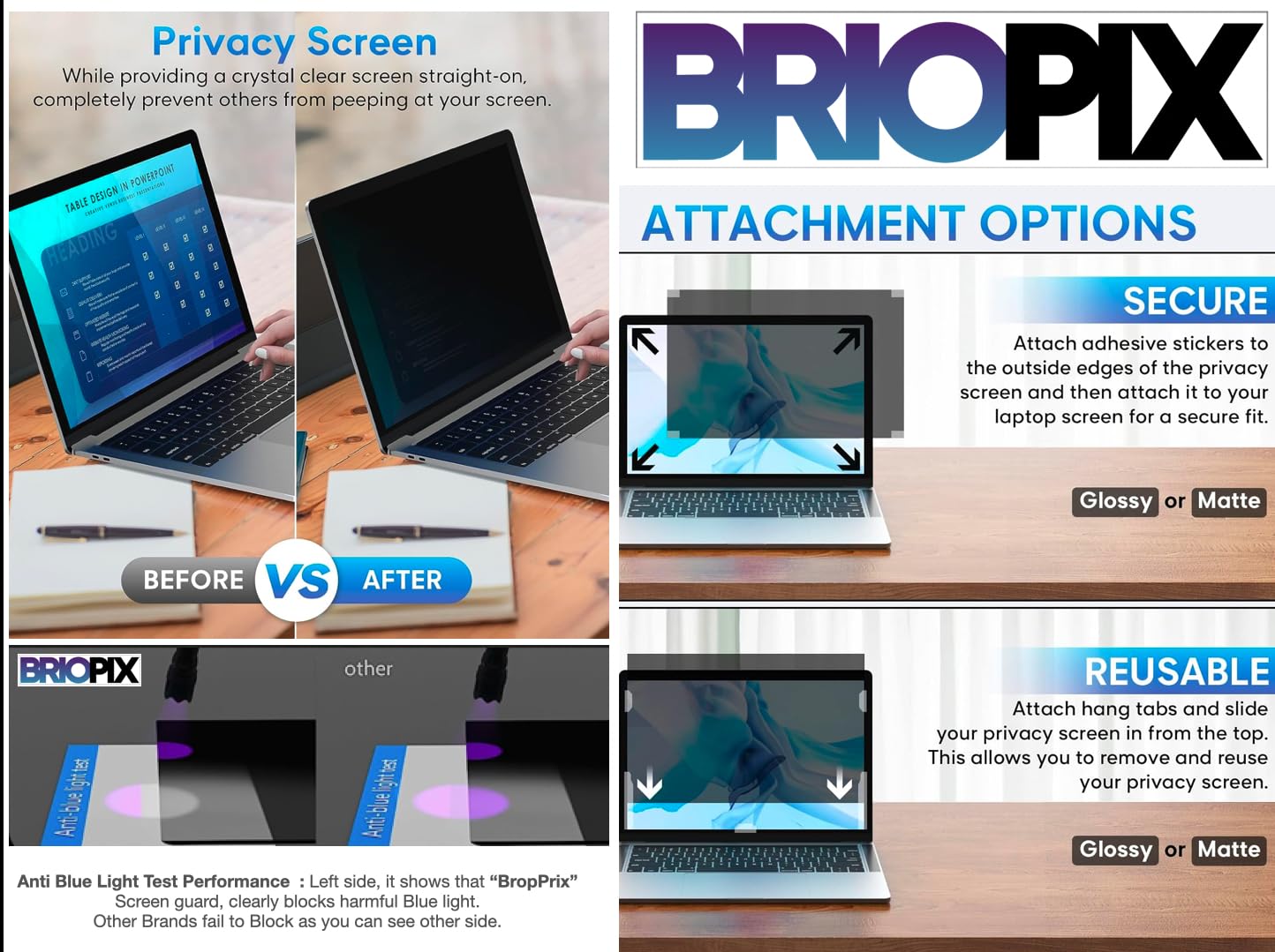 BrioPix 24 Inch (16:9) Curved Monitor Privacy Screen Filter – NO Eye Strain | Anti-Blue Light + Anti-Glare |BLUV Block Tech | Privacy Screen for 24 Inch