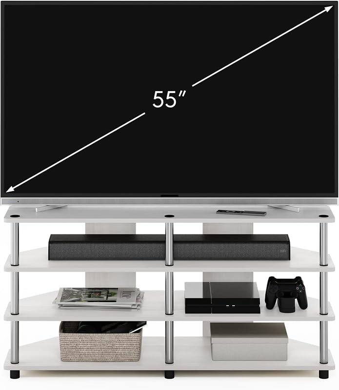 Furinno Econ 4-Tier Corner TV Stand, for TV up to 55 Inch, White Wood image 4