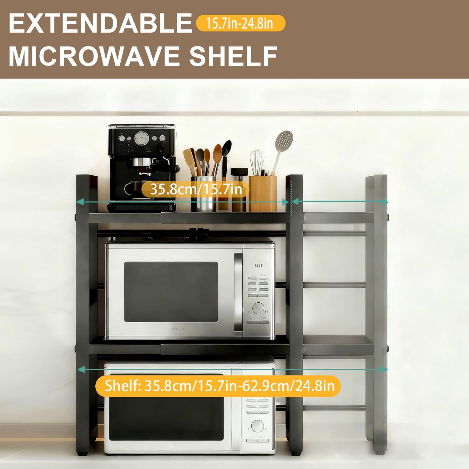 Adjustable Microwave Oven Rack, Microwave Stand Shelf Heavy Duty 3-Tier Shelf with Cutting Boards Stand Knife Rack and Chopstick Holder for Kitchen Shelves Counter Top Organizer, Holds 55lbs,6 Hooks
