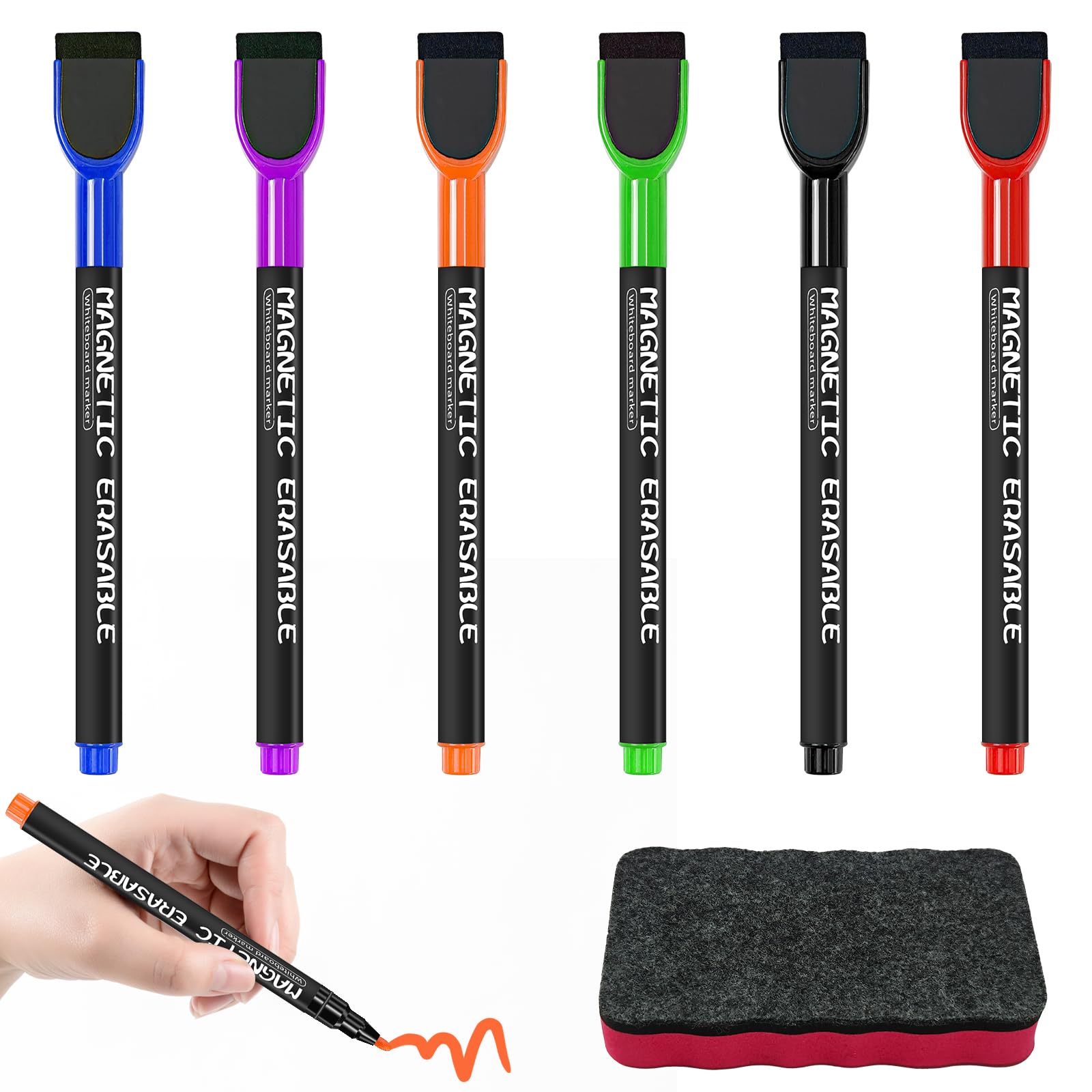 Whiteboard Markers 6 Colors and Whiteboard Eraser, Mini Whiteboard Markers with Magnetic Eraser Cover for Schools, Office, Home