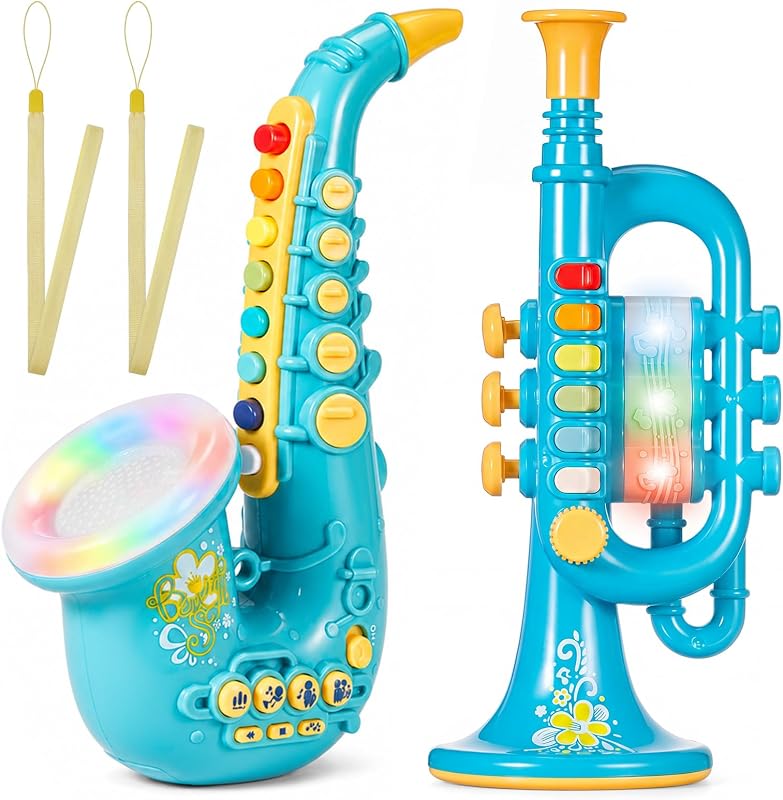 Juego de 2 instrumentos musicales para niños, saxofón de juguete de 10 pulgadas con luces y sonidos y trompeta de juguete, regalo de instrumento musical educativo temprano para niños pequeños y niñas a partir de 3 años