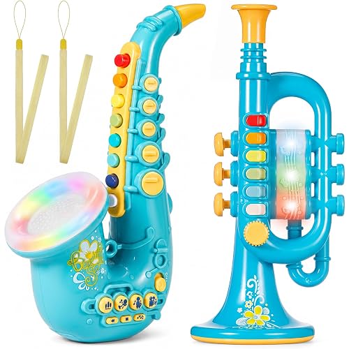 Lewtemi Set of 2 Musical Instruments for Kids, 10-inch Toy Saxophone with Lights and Sounds and Toy Trumpet, Early Educational Musical Instrument Gift for Kids Toddlers Boys Girls Age 3+