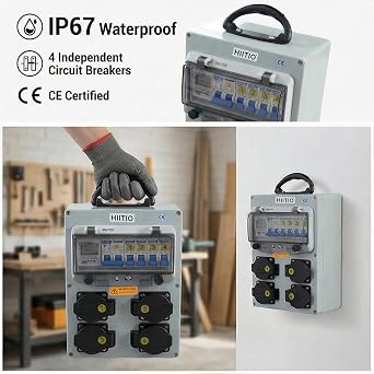 110V Portable Power Distribution Box, Electricity Meter Breaker Socket Distribution Box with 4*NEMA 5-20 Outlet Panel, IP54 Waterproof for Construction Sites, Workshops and Outdoor Events
